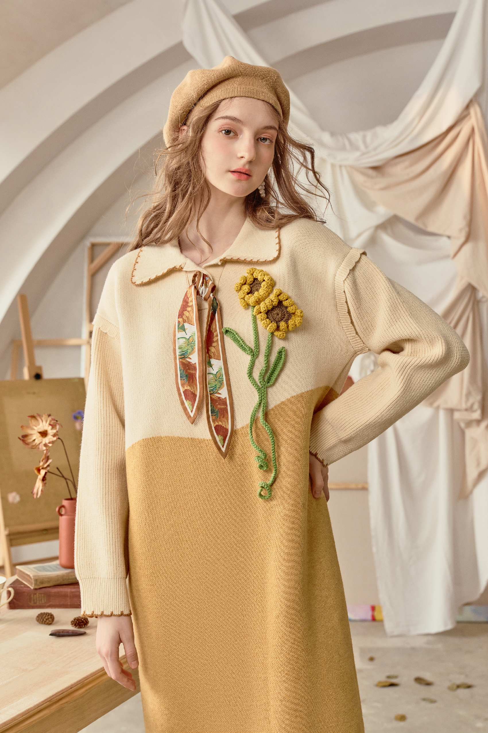 Van Gogh-Inspired Textured Floral Knit Dress | LYONSENS Women's Fashion