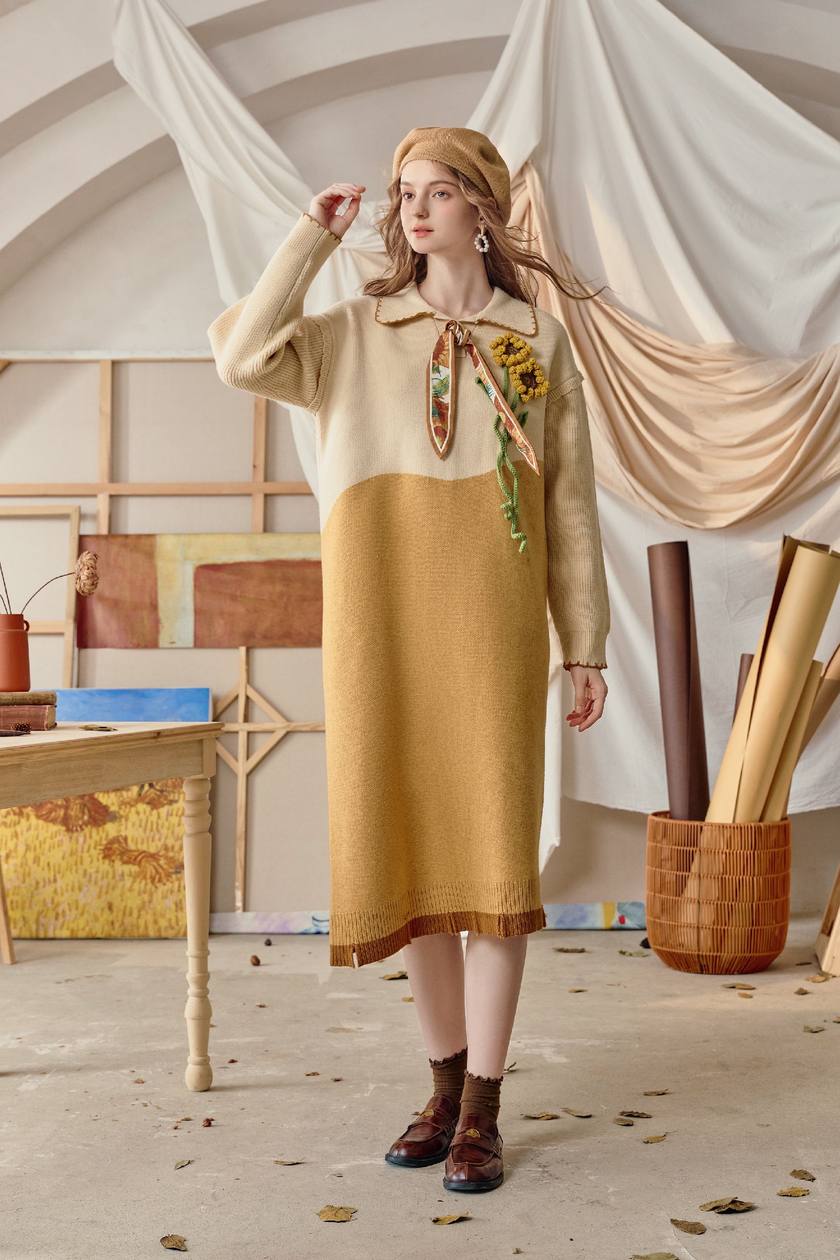 Van Gogh-Inspired Textured Floral Knit Dress | LYONSENS Women's Fashion