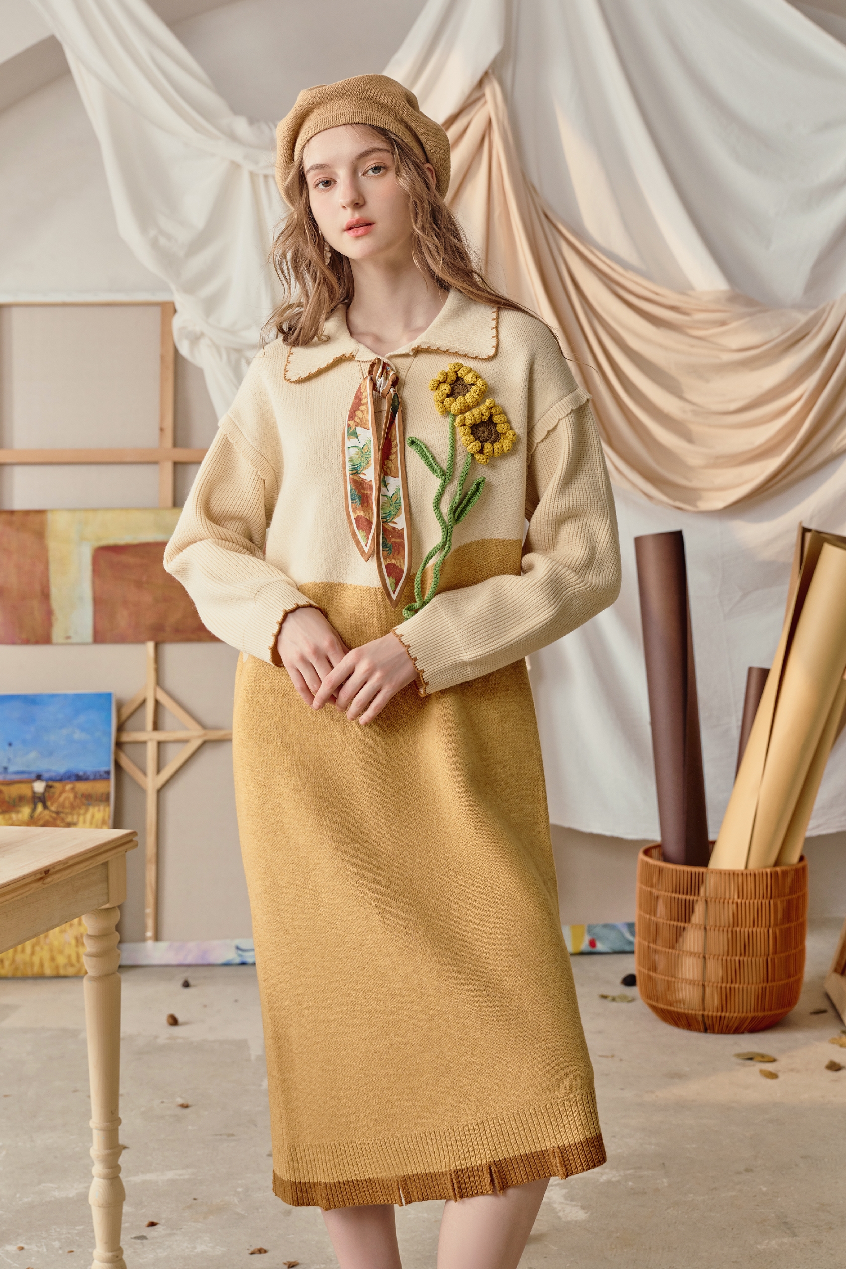 Van Gogh-Inspired Textured Floral Knit Dress | LYONSENS Women's Fashion
