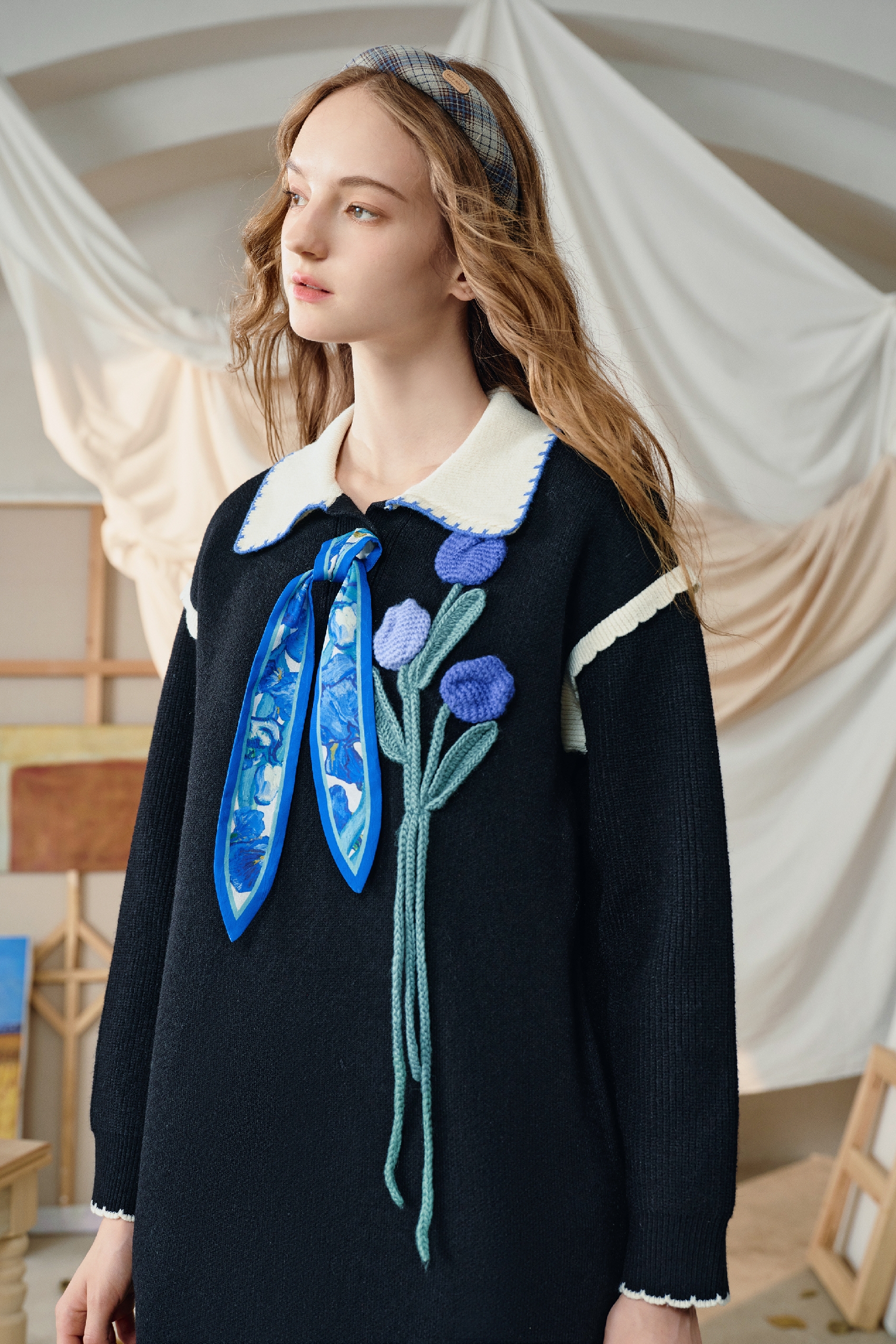 Van Gogh-Inspired Textured Floral Knit Dress | LYONSENS Women's Fashion