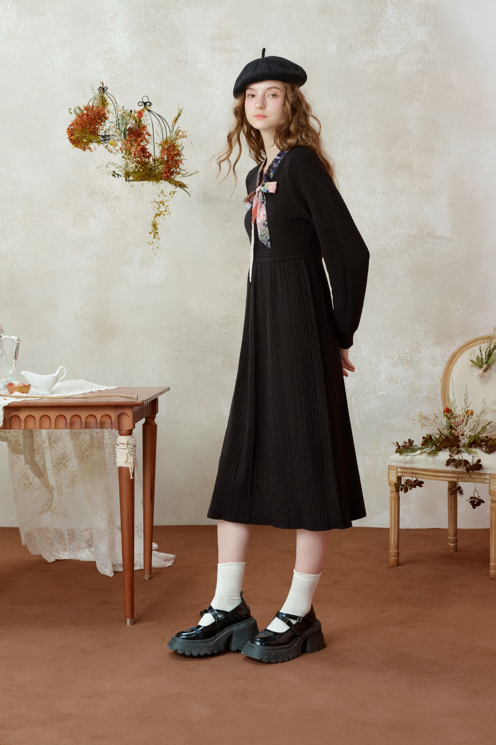 Van Gogh-Inspired Black Tie-Detail A-Line Dress