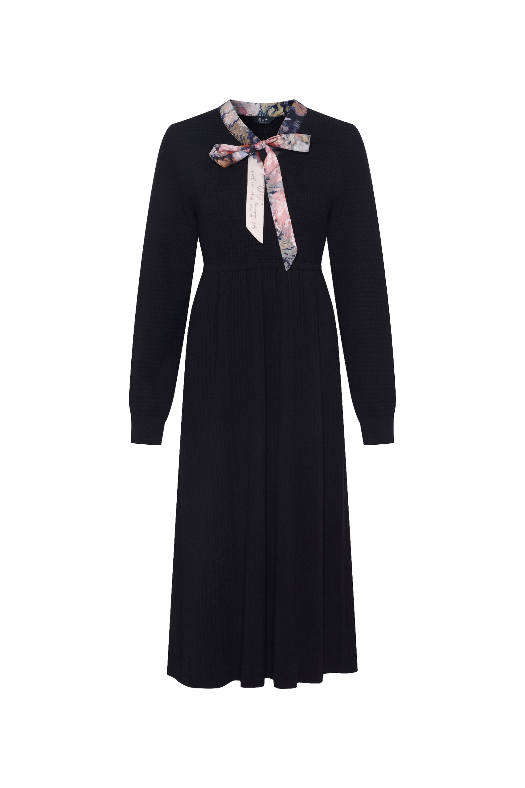 Van Gogh-Inspired Black Tie-Detail A-Line Dress