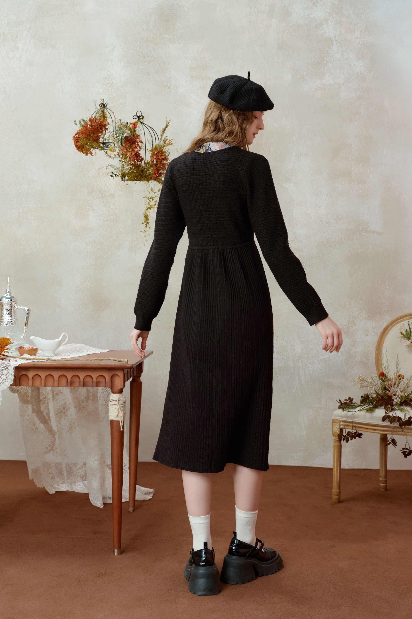 Van Gogh-Inspired Black Tie-Detail A-Line Dress