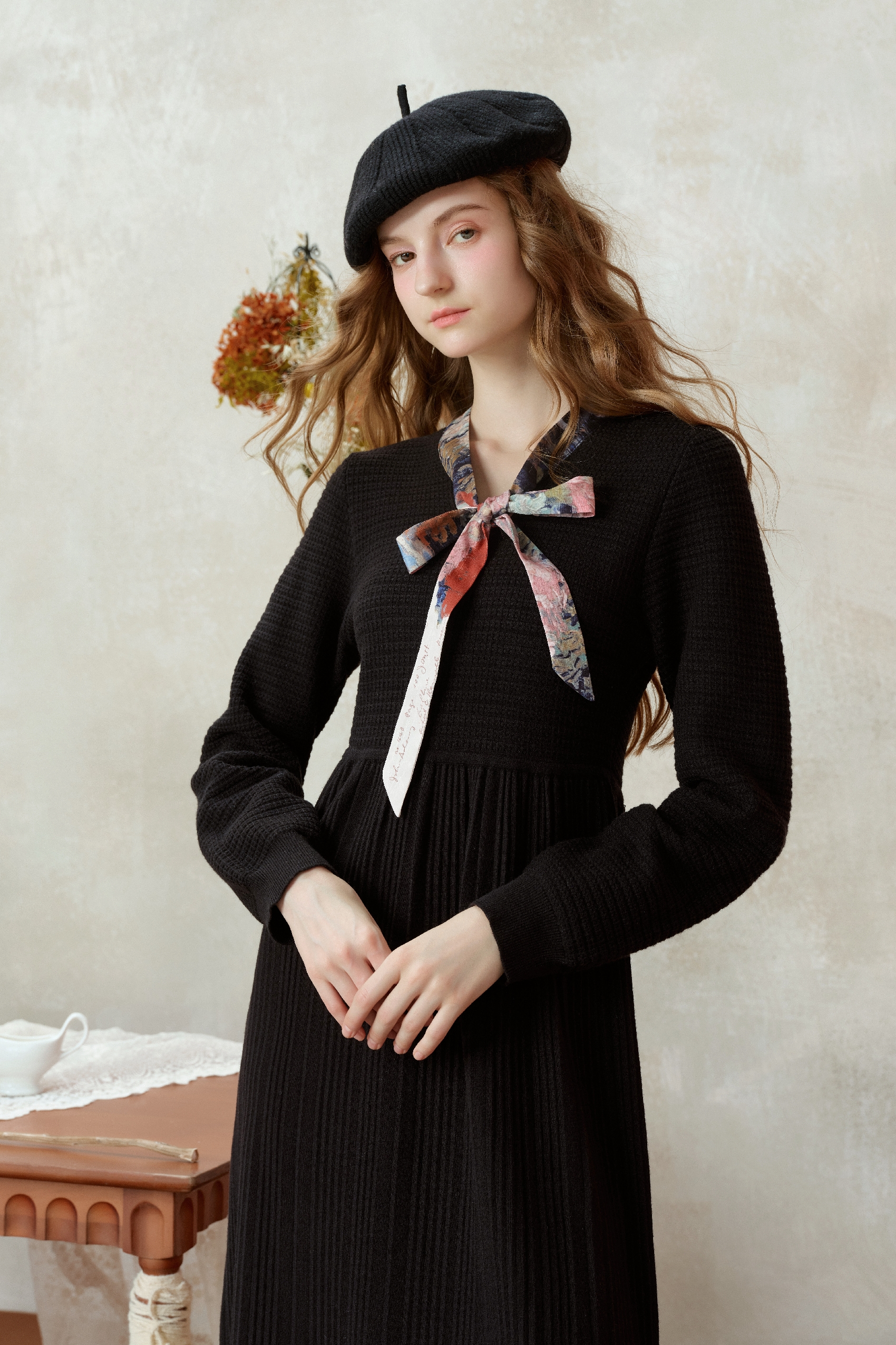 Van Gogh-Inspired Black Tie-Detail A-Line Dress