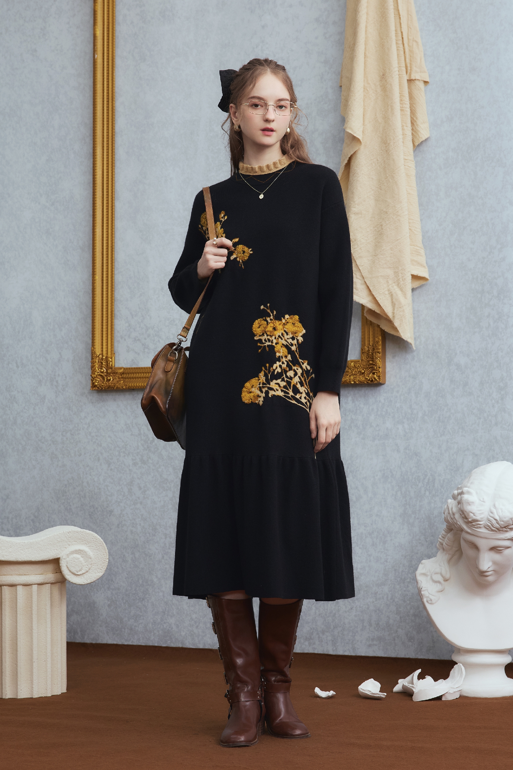 Elegant retro knitted sweater dress long skirt