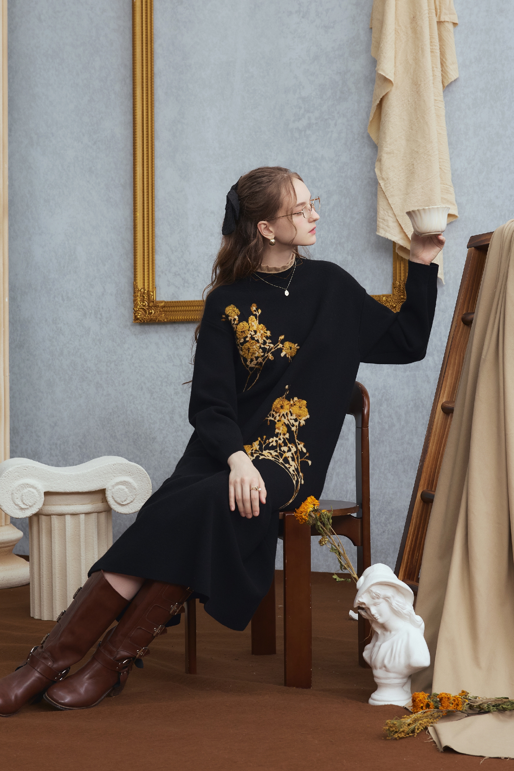 Elegant retro knitted sweater dress long skirt