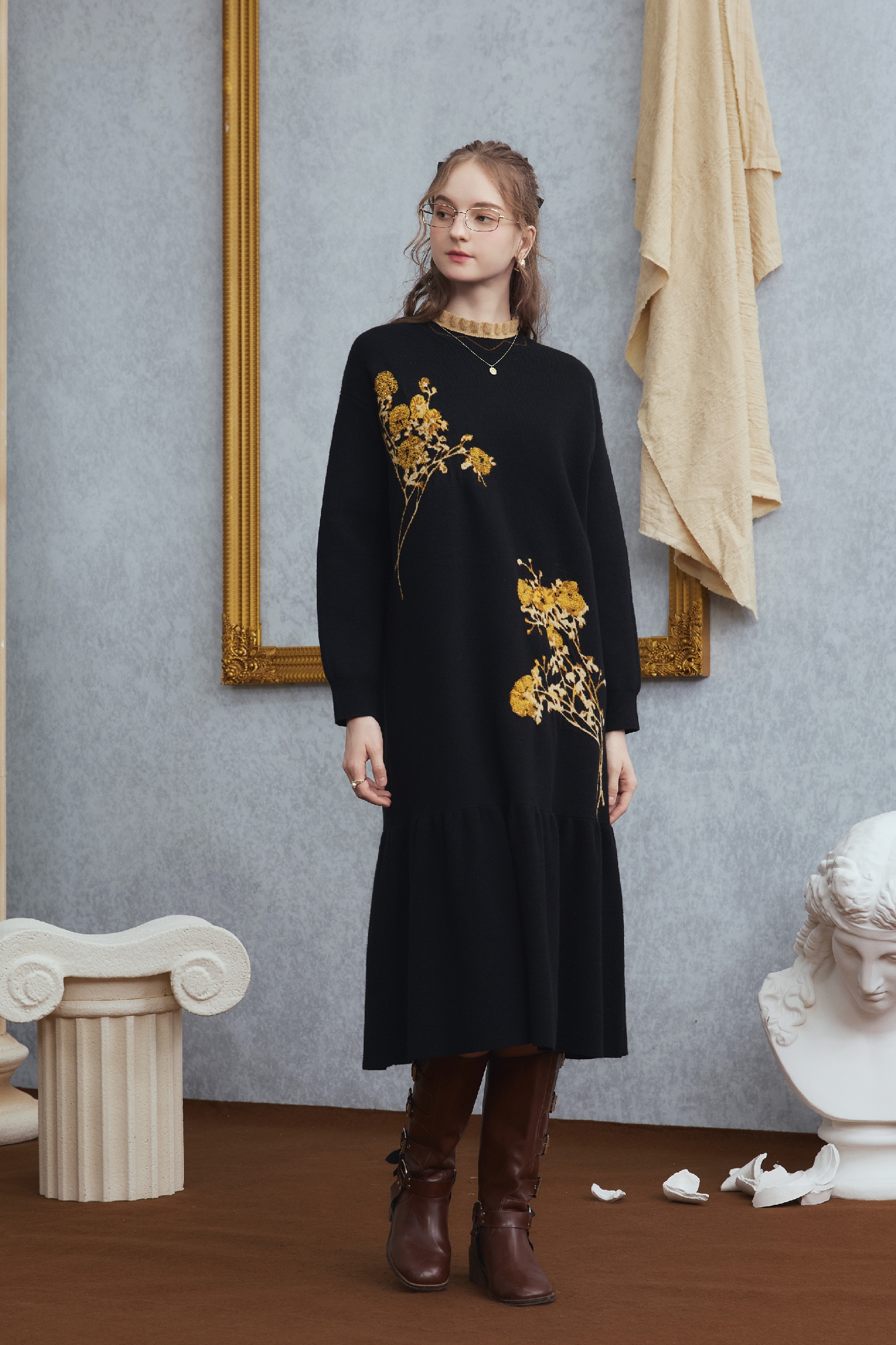 Elegant retro knitted sweater dress long skirt