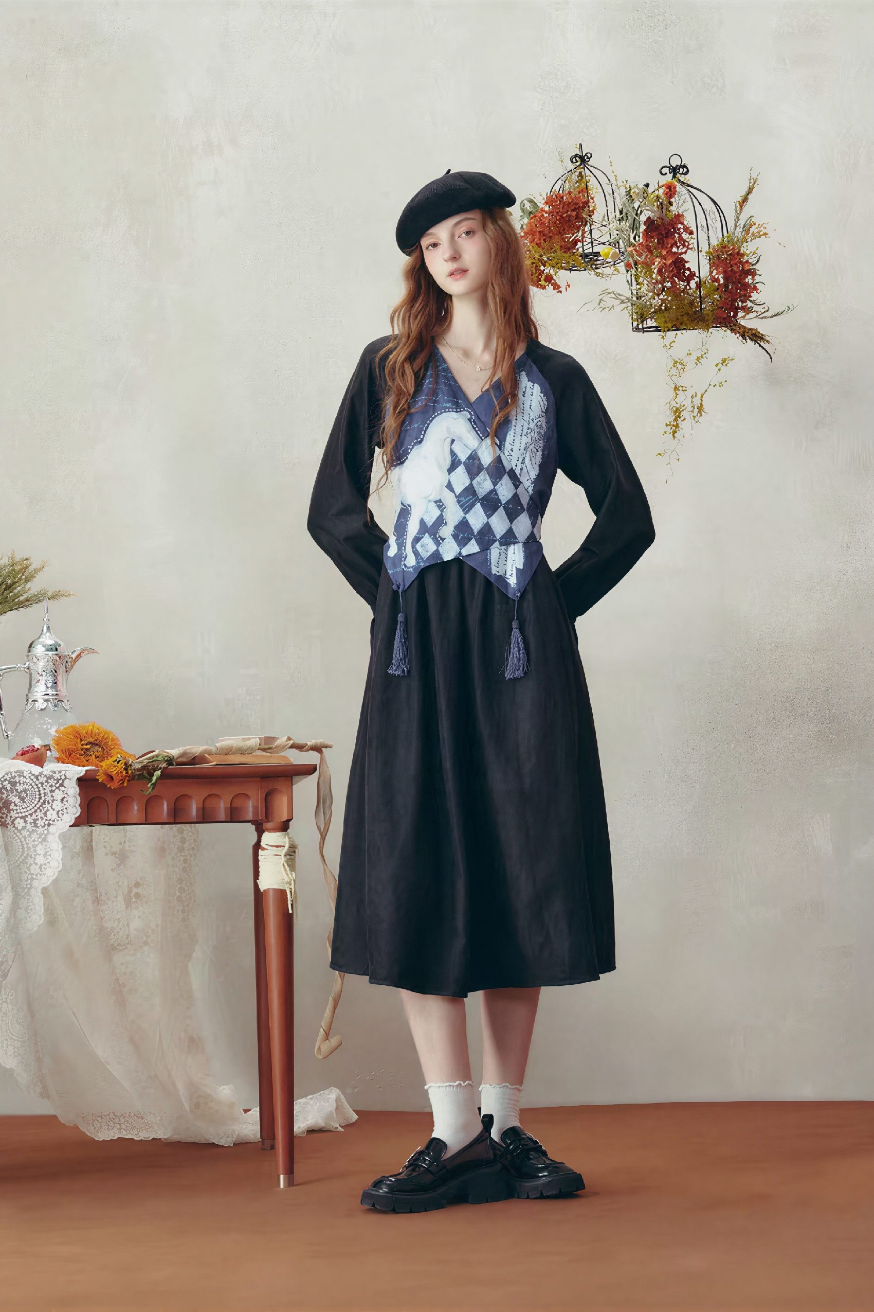 Van Gogh-Inspired Black Long-Sleeve Dress