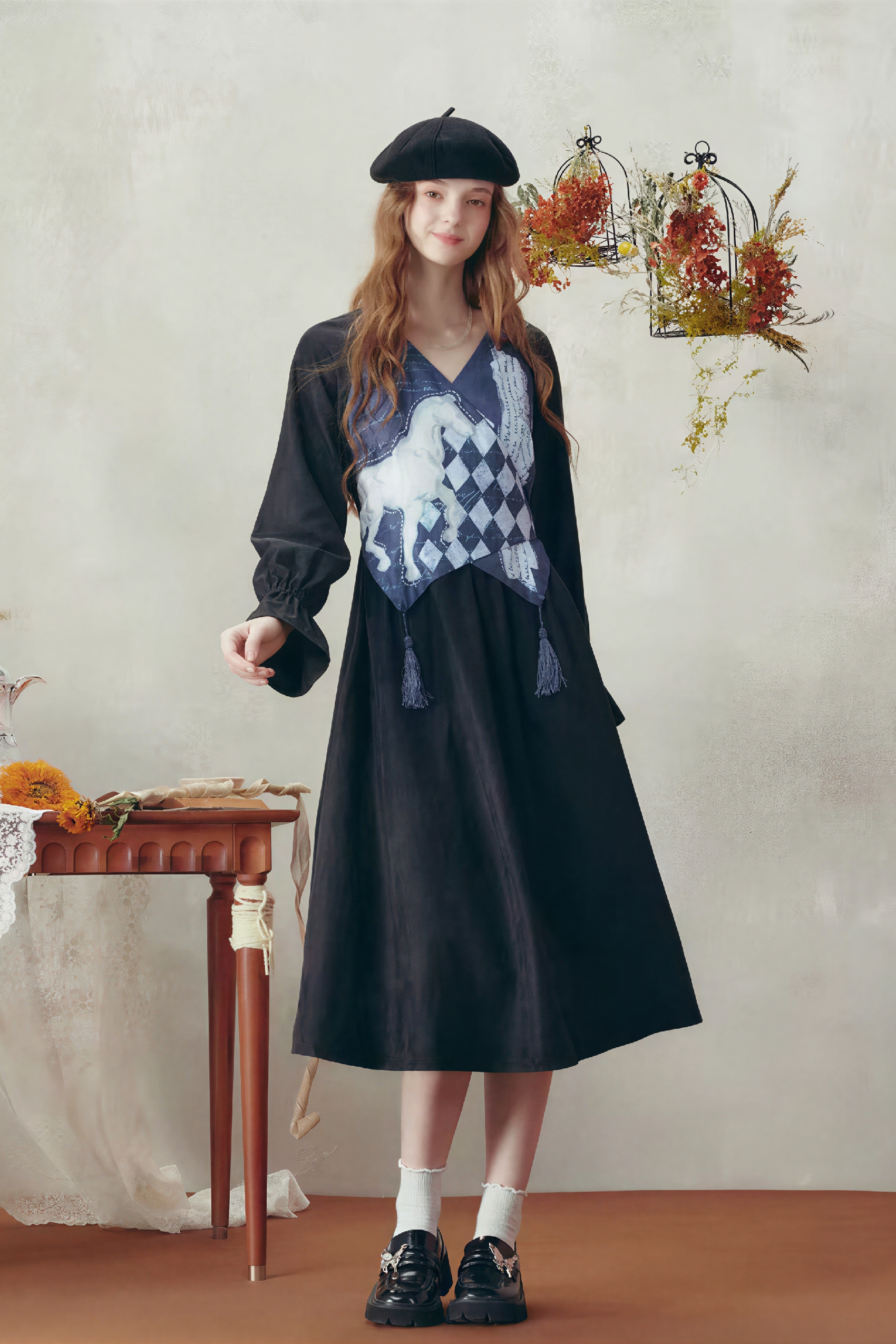 Van Gogh-Inspired Black Long-Sleeve Dress