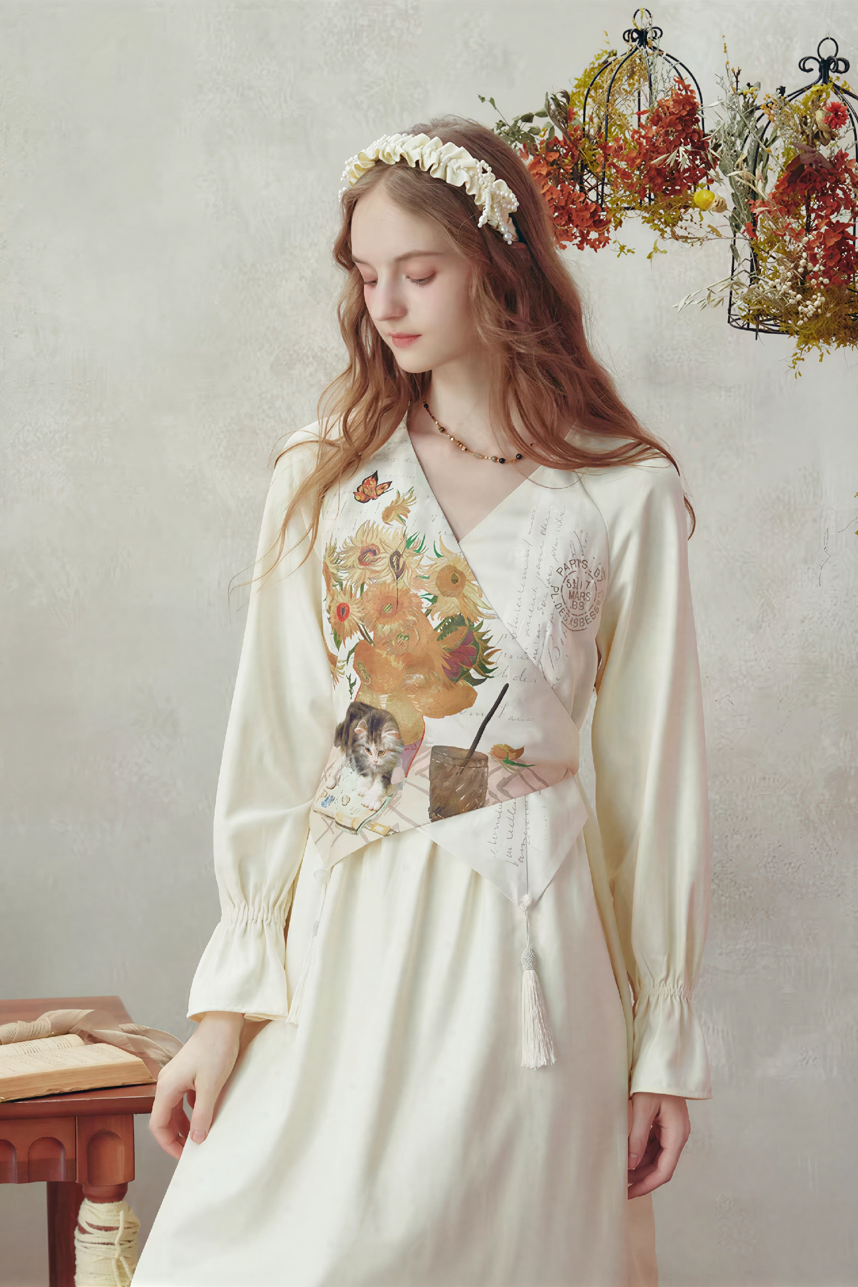 Van Gogh-Inspired Black Long-Sleeve Dress