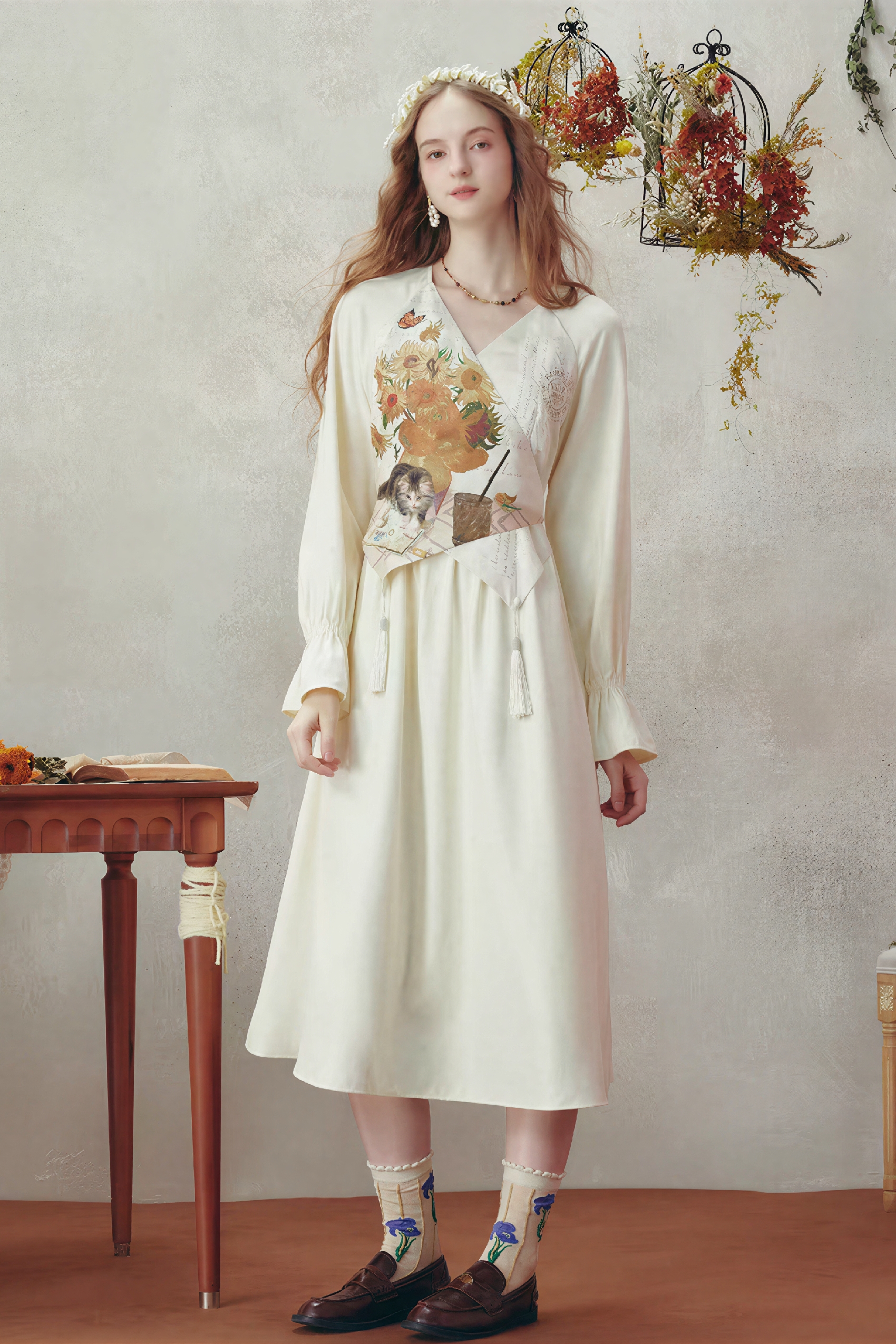 Van Gogh-Inspired Black Long-Sleeve Dress