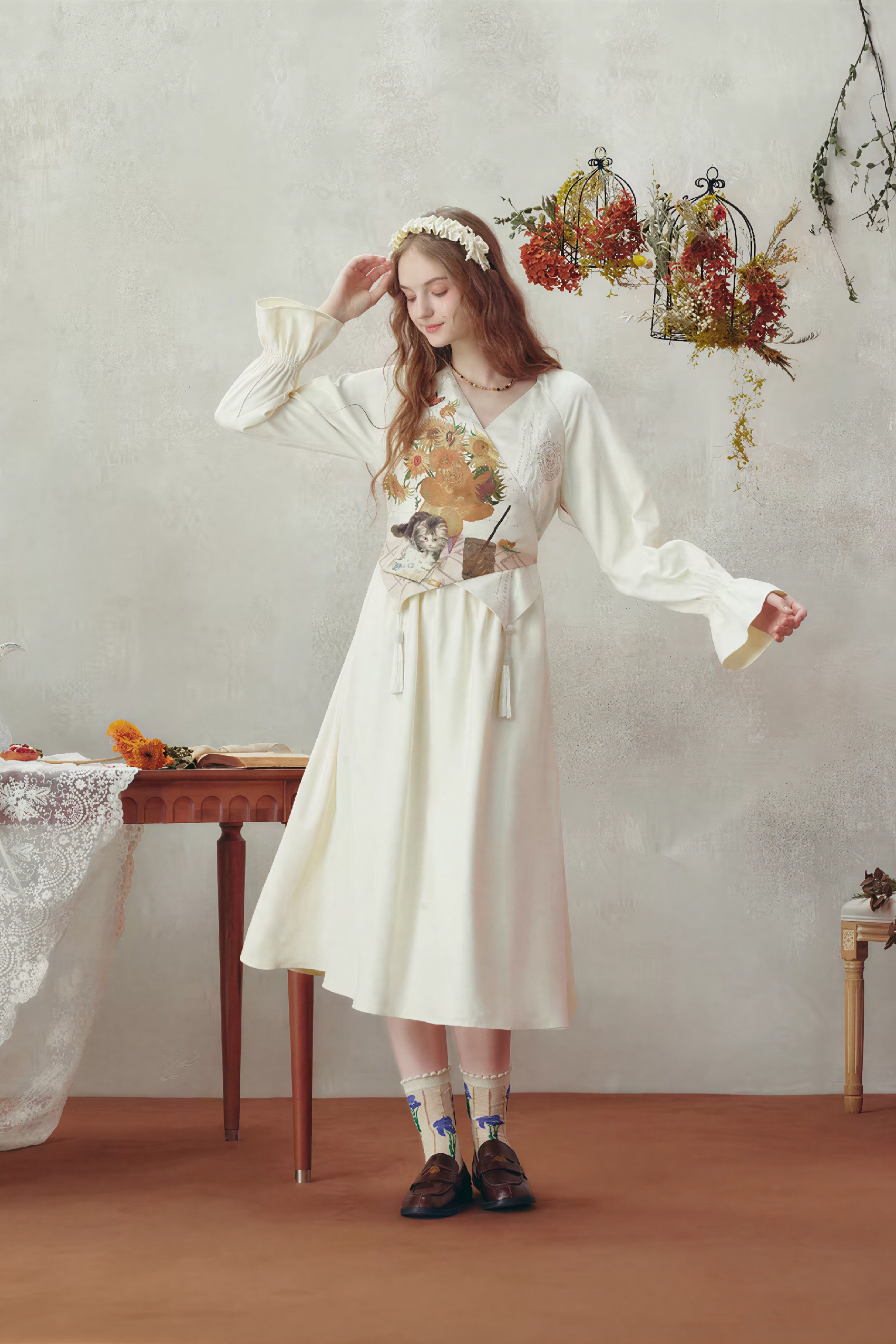 Van Gogh-Inspired Black Long-Sleeve Dress