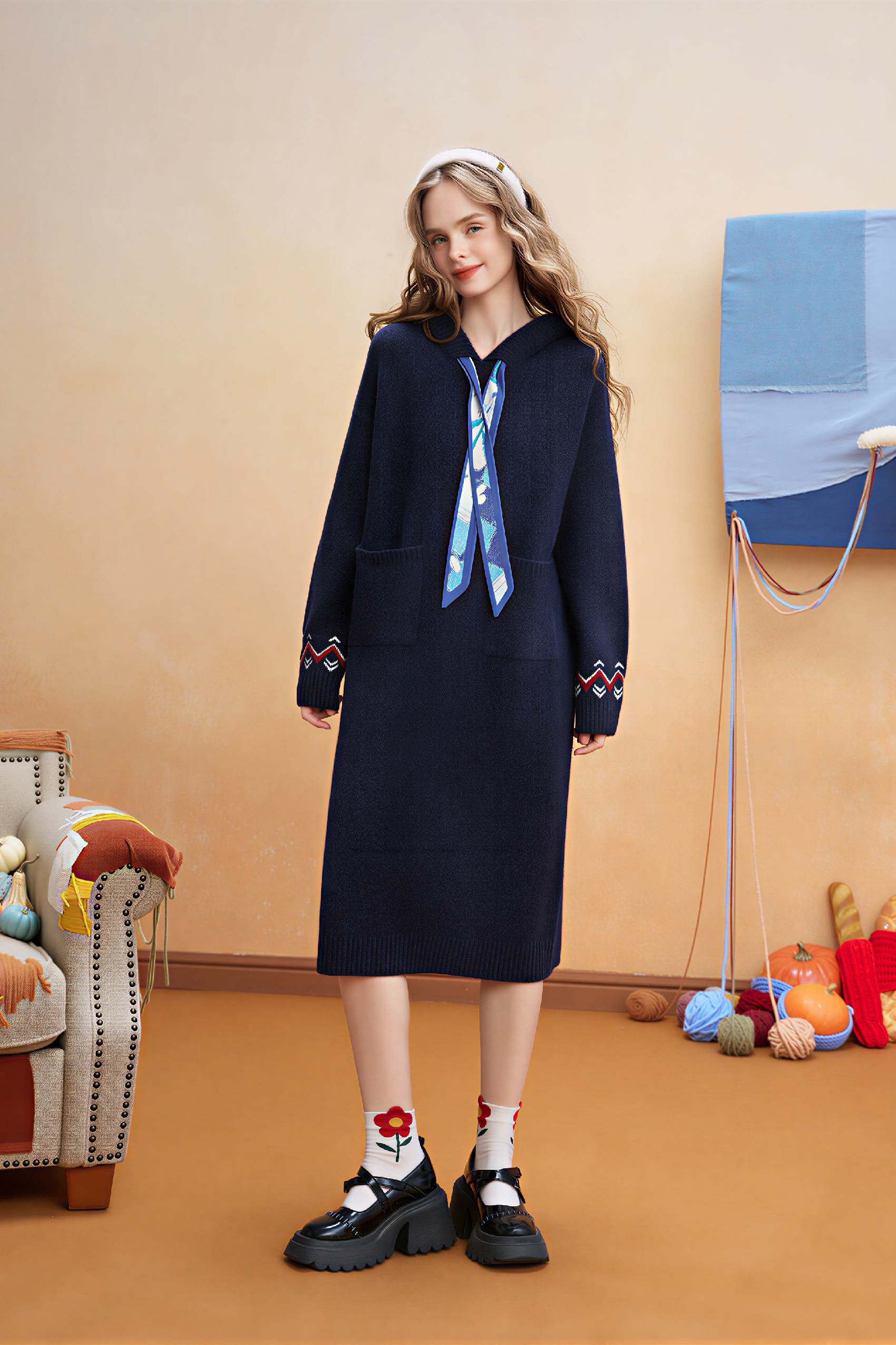 Hooded knit sweater dress