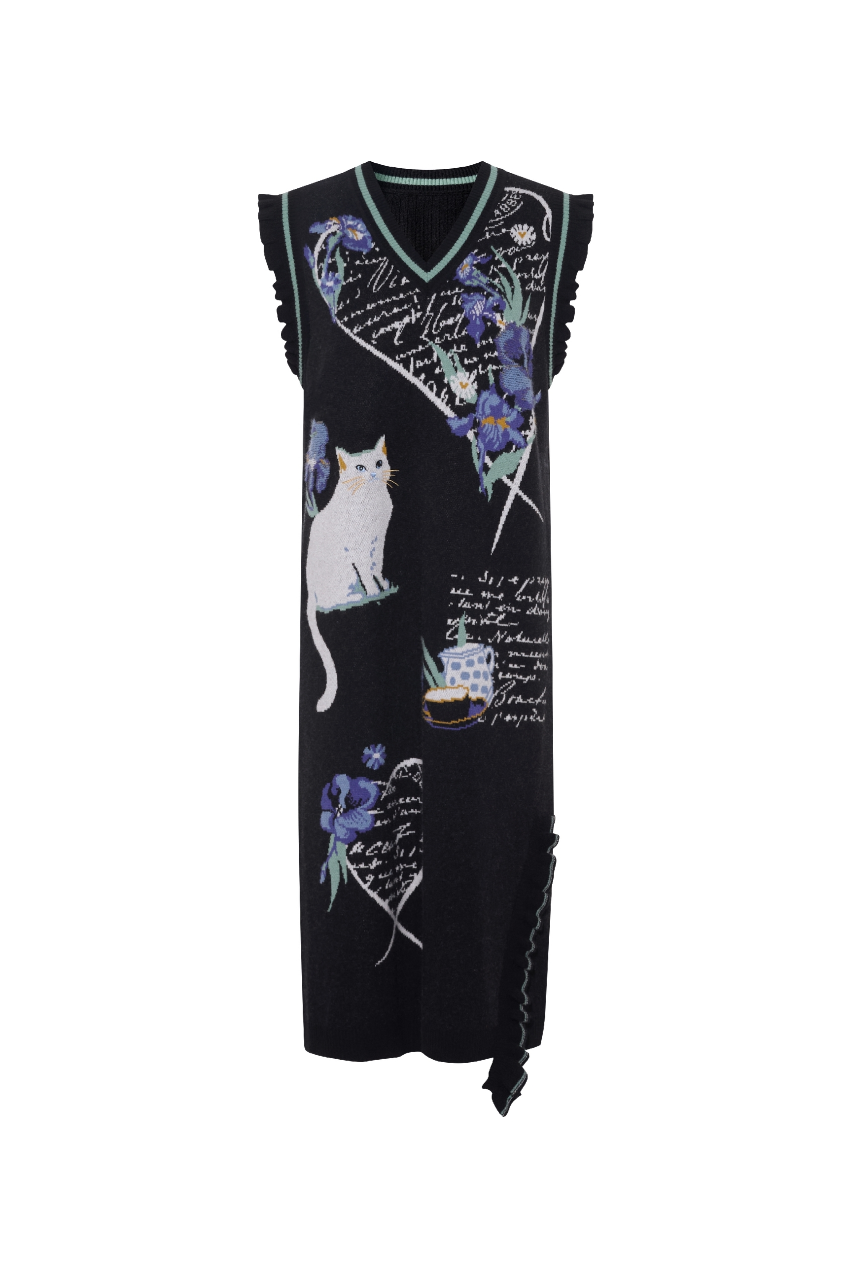 Van Gogh-Inspired Black Vintage V-Neck Sleeveless Knit Dress