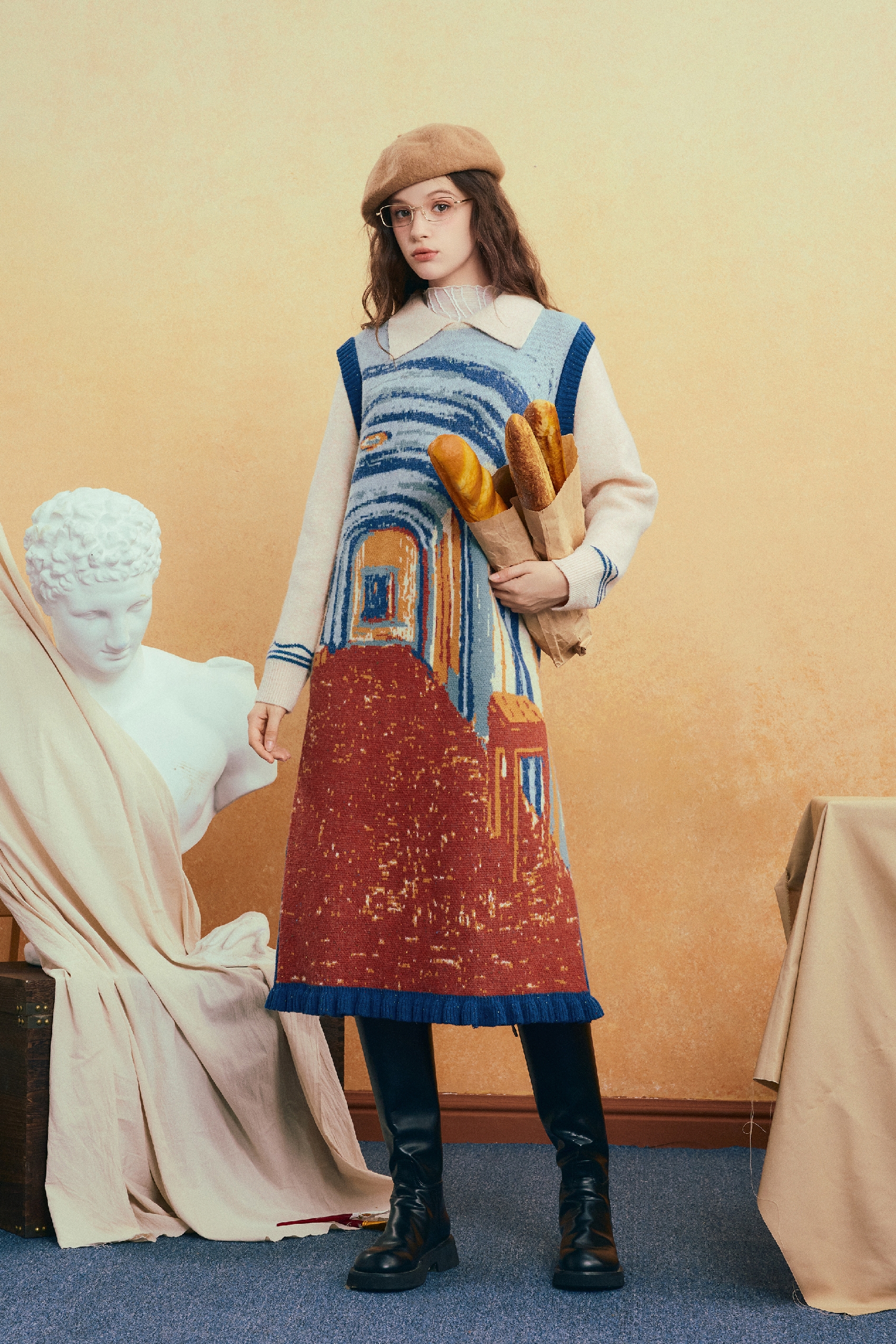 Van Gogh-Inspired Long Knit Casual Dress