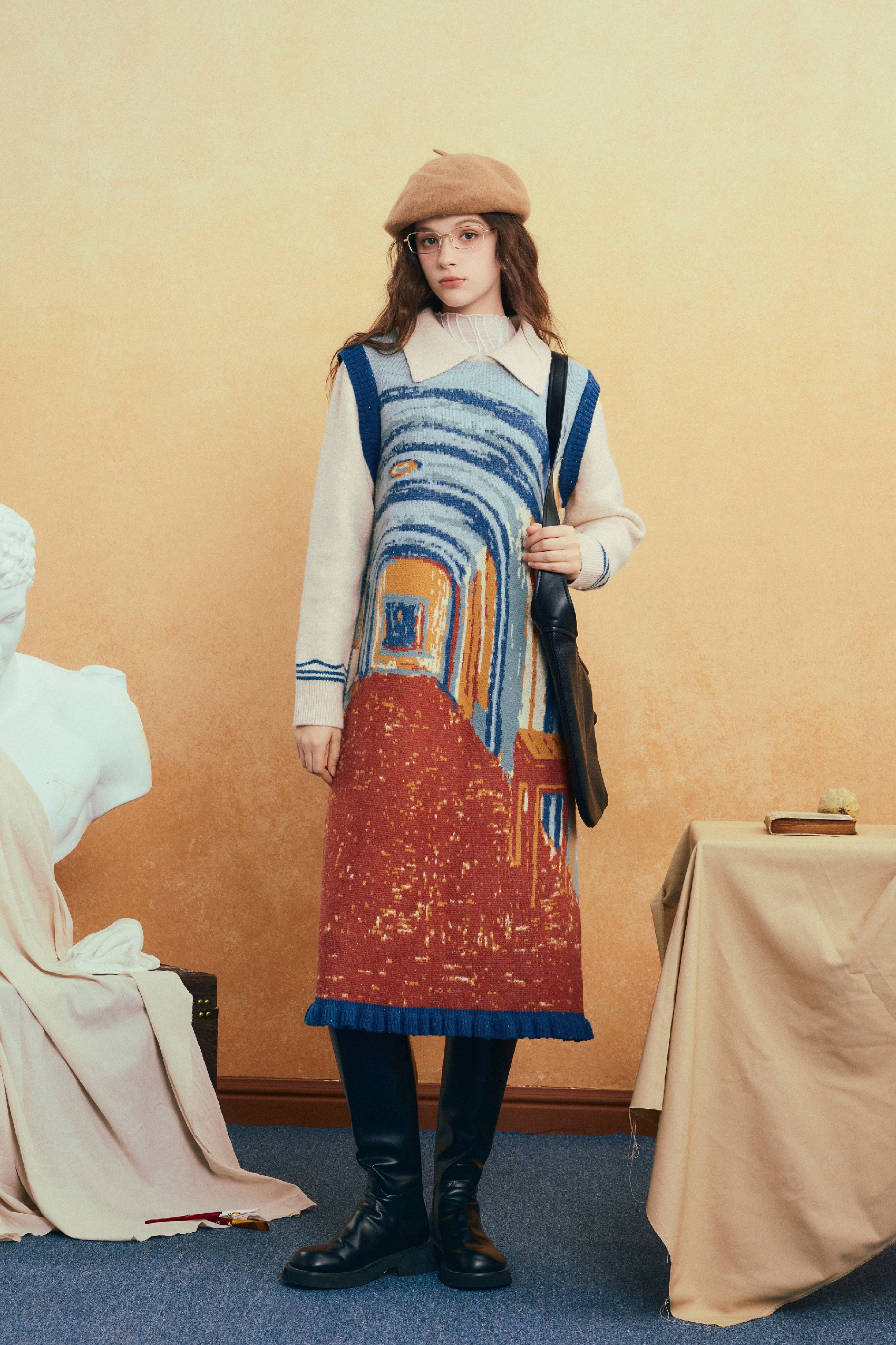 Van Gogh-Inspired Long Knit Casual Dress