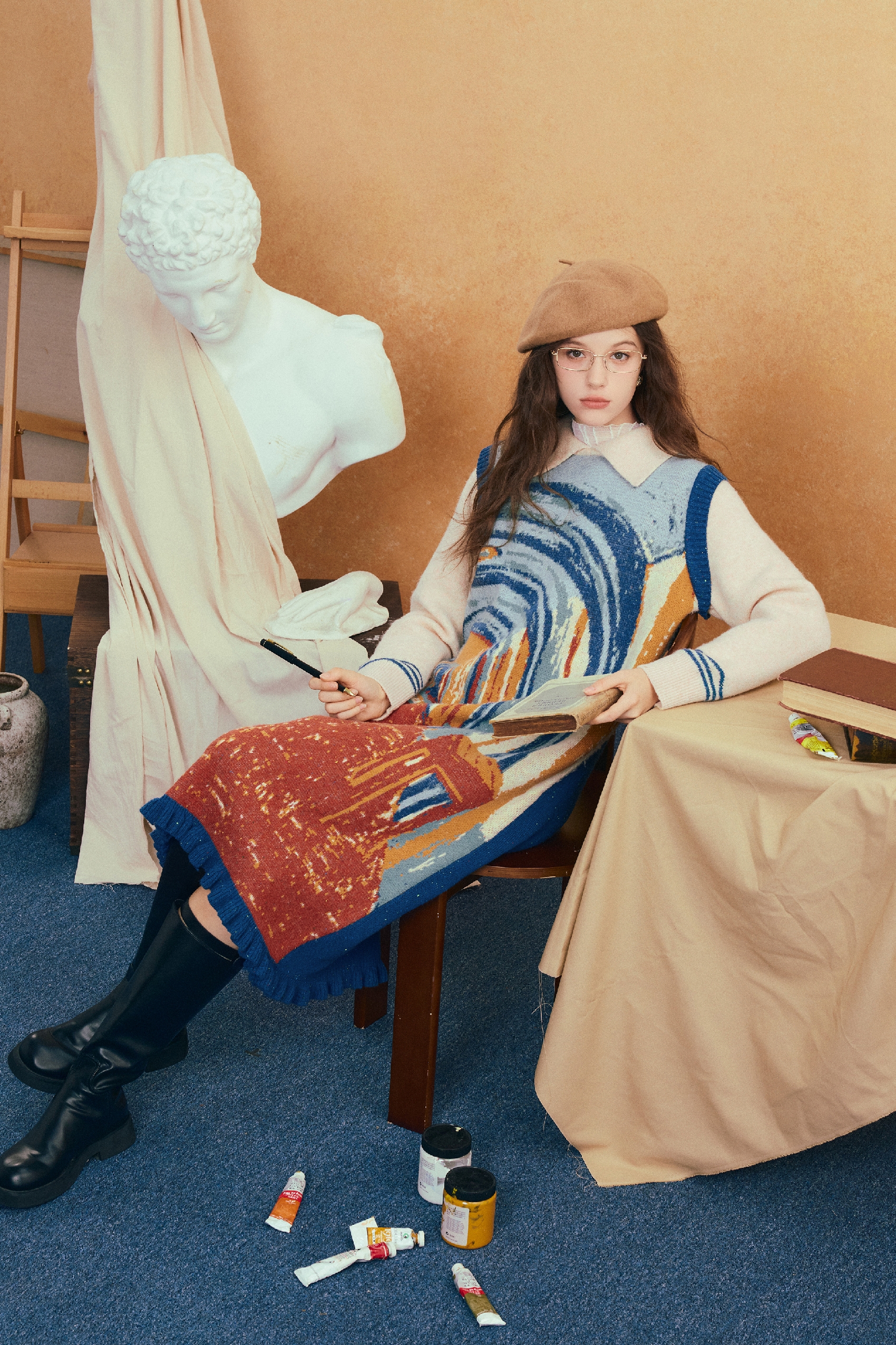 Van Gogh-Inspired Long Knit Casual Dress