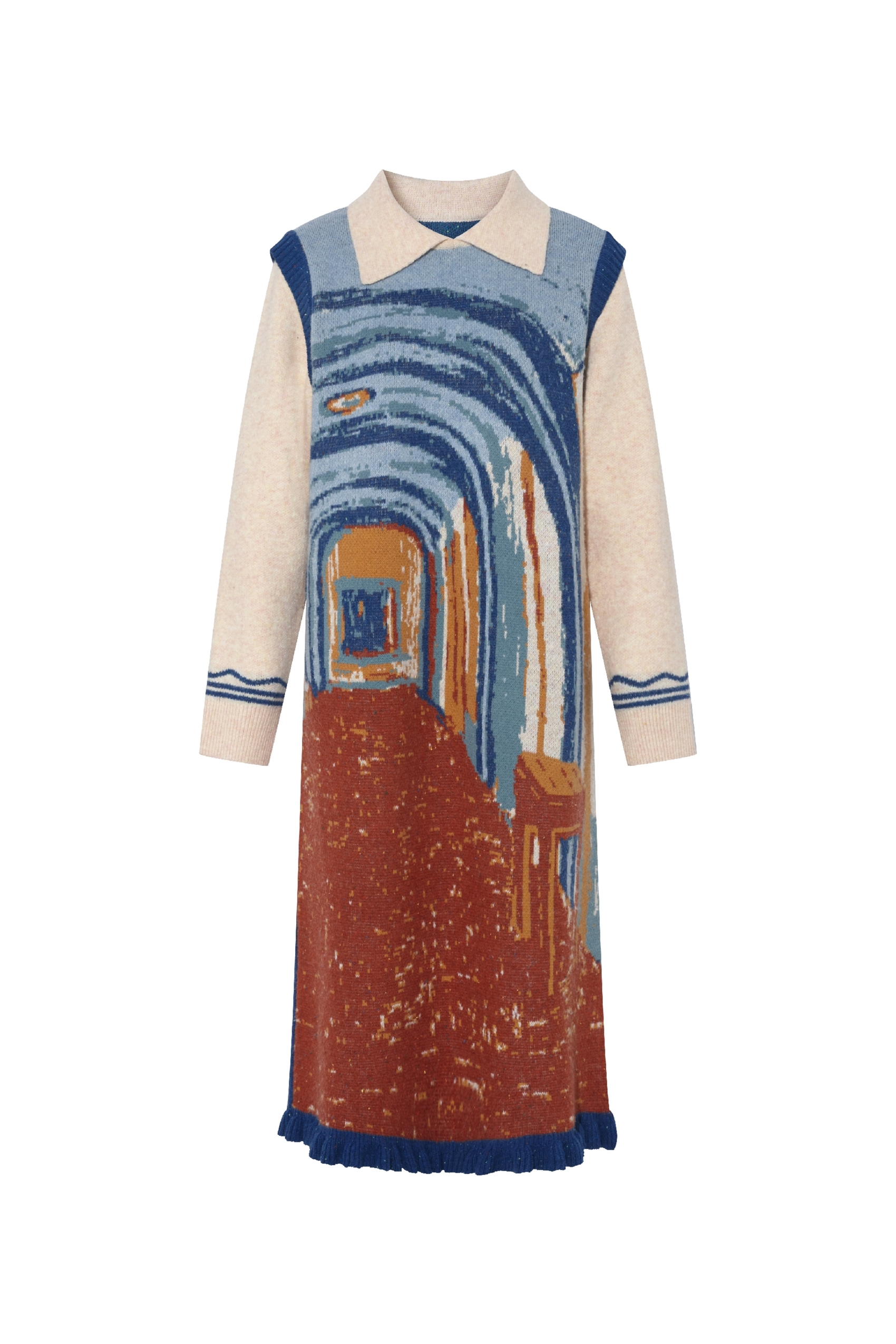 Van Gogh-Inspired Long Knit Casual Dress