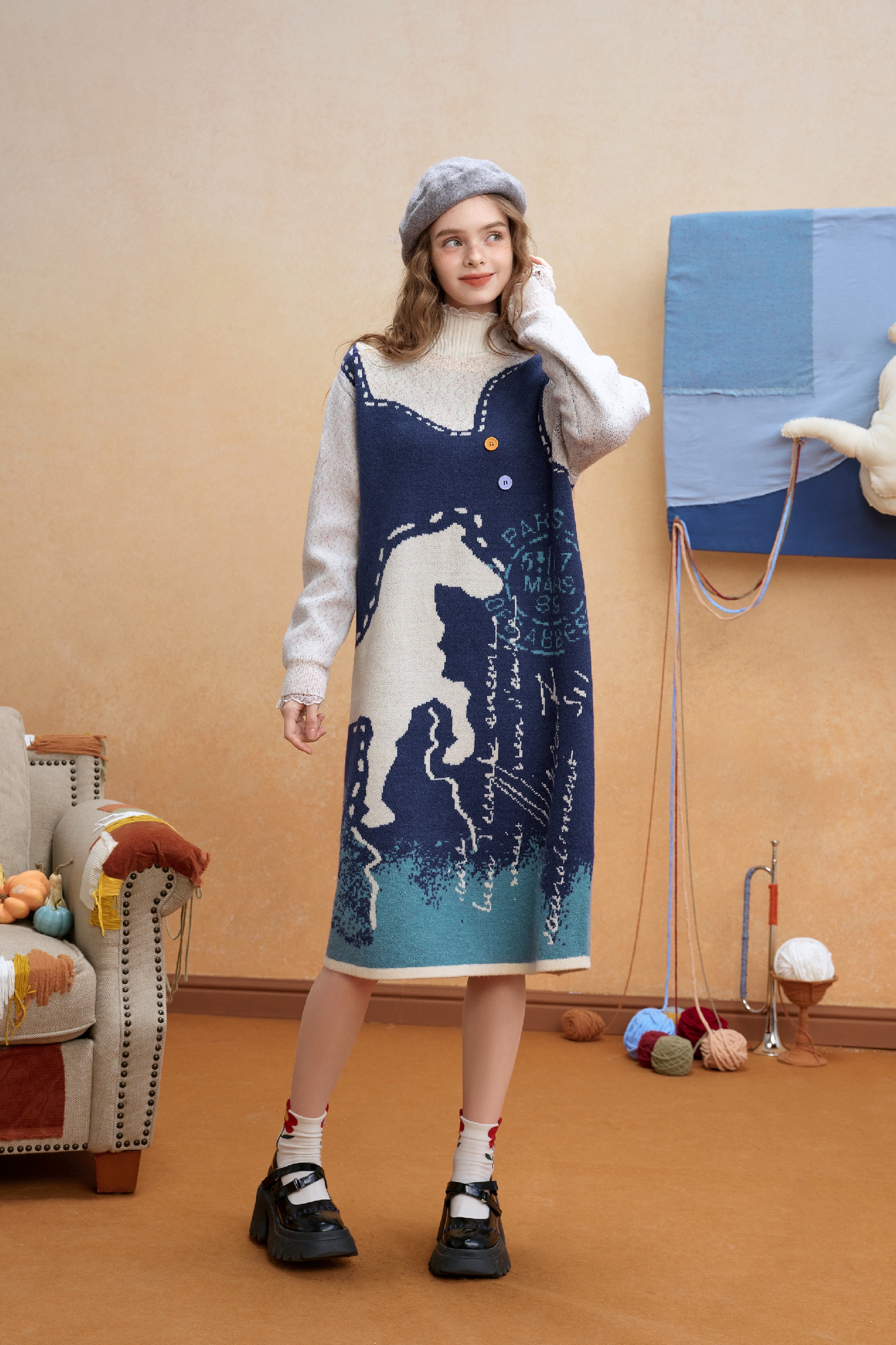Van Gogh-Inspired Layered-Look Knit Dress-LYONSENS