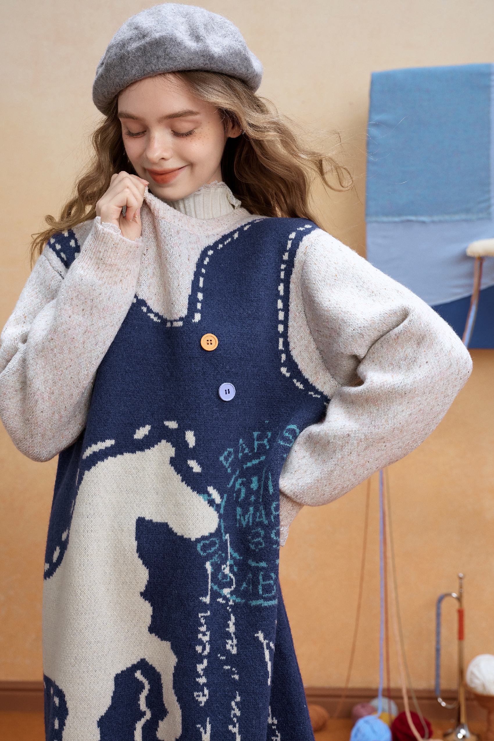 Van Gogh-Inspired Layered-Look Knit Dress-LYONSENS