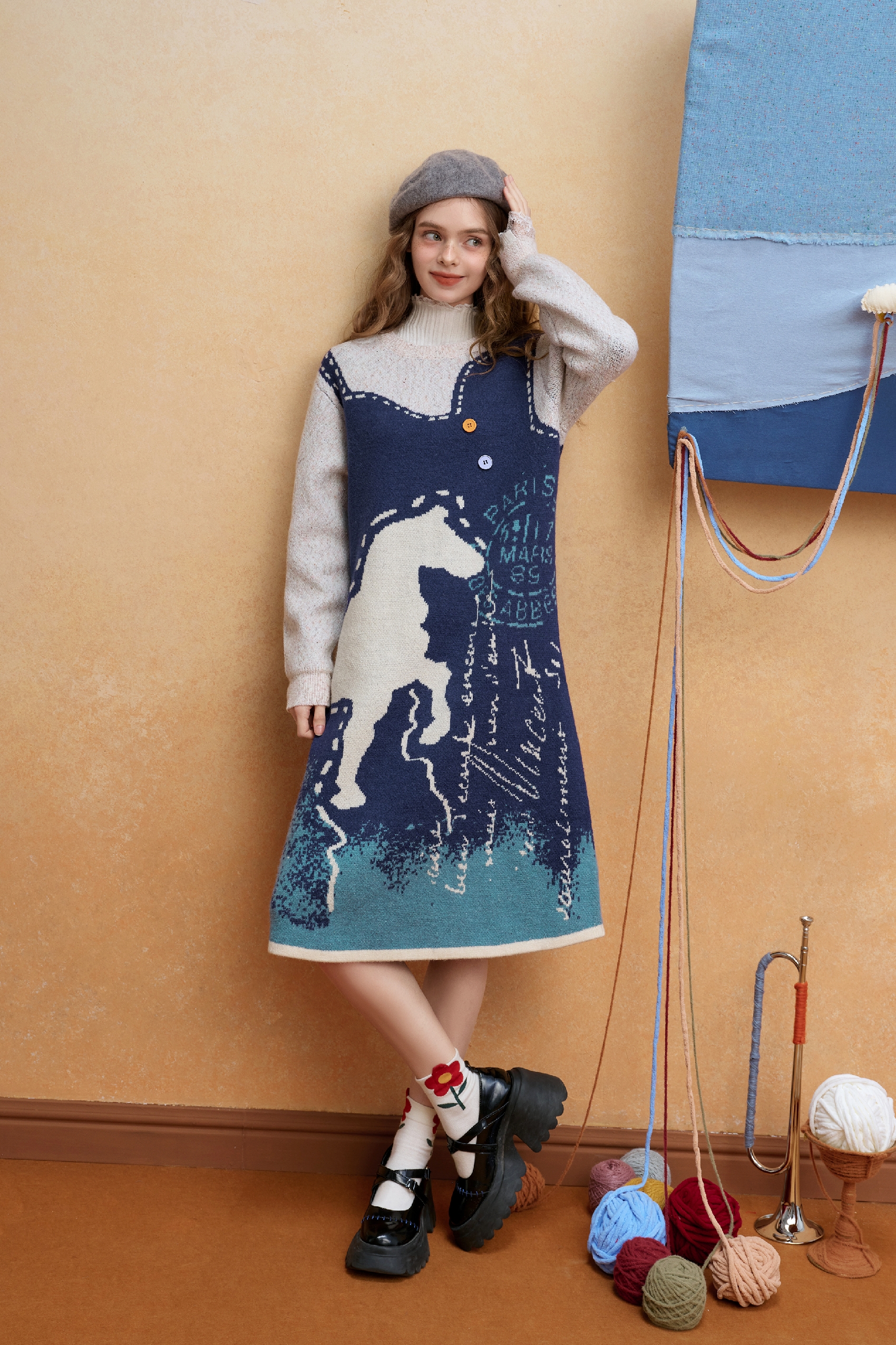 Van Gogh-Inspired Layered-Look Knit Dress-LYONSENS