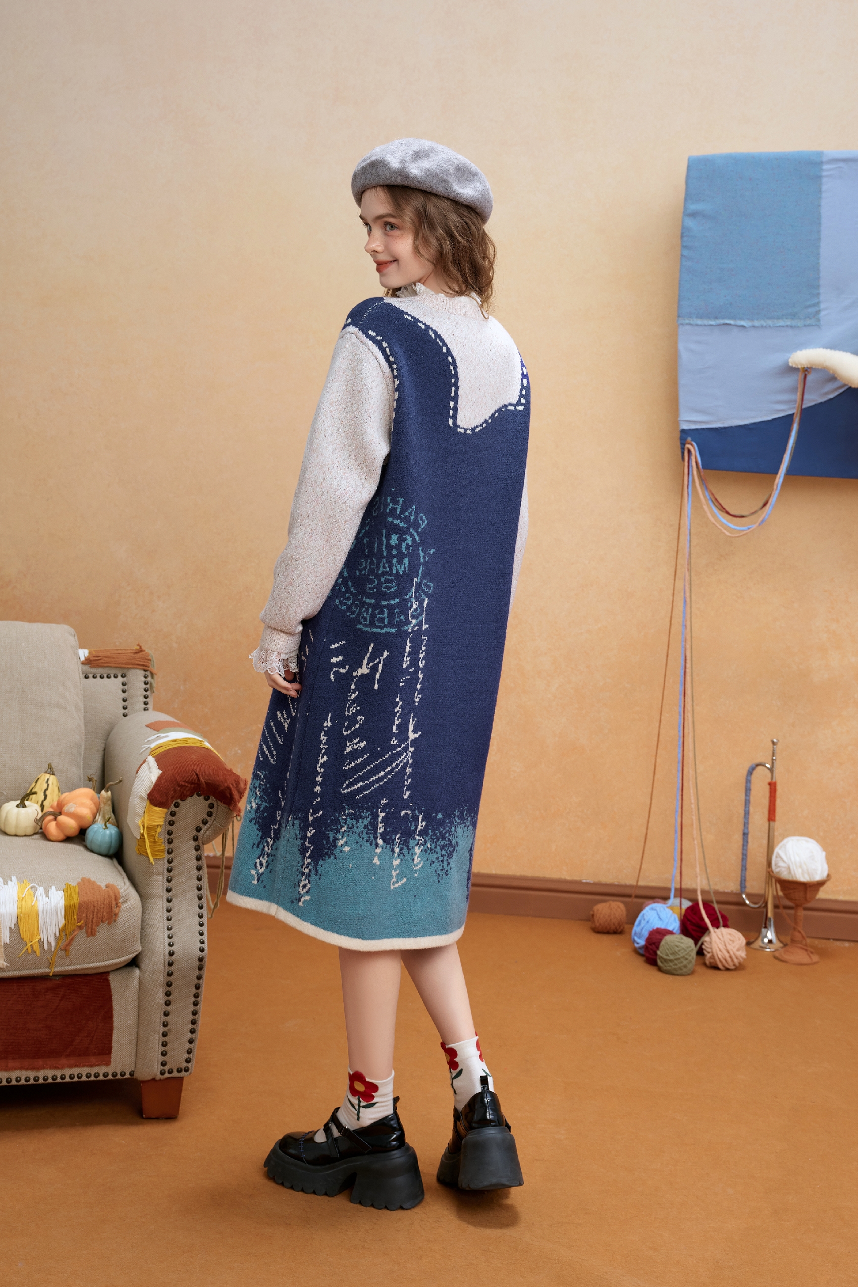 Van Gogh-Inspired Layered-Look Knit Dress-LYONSENS