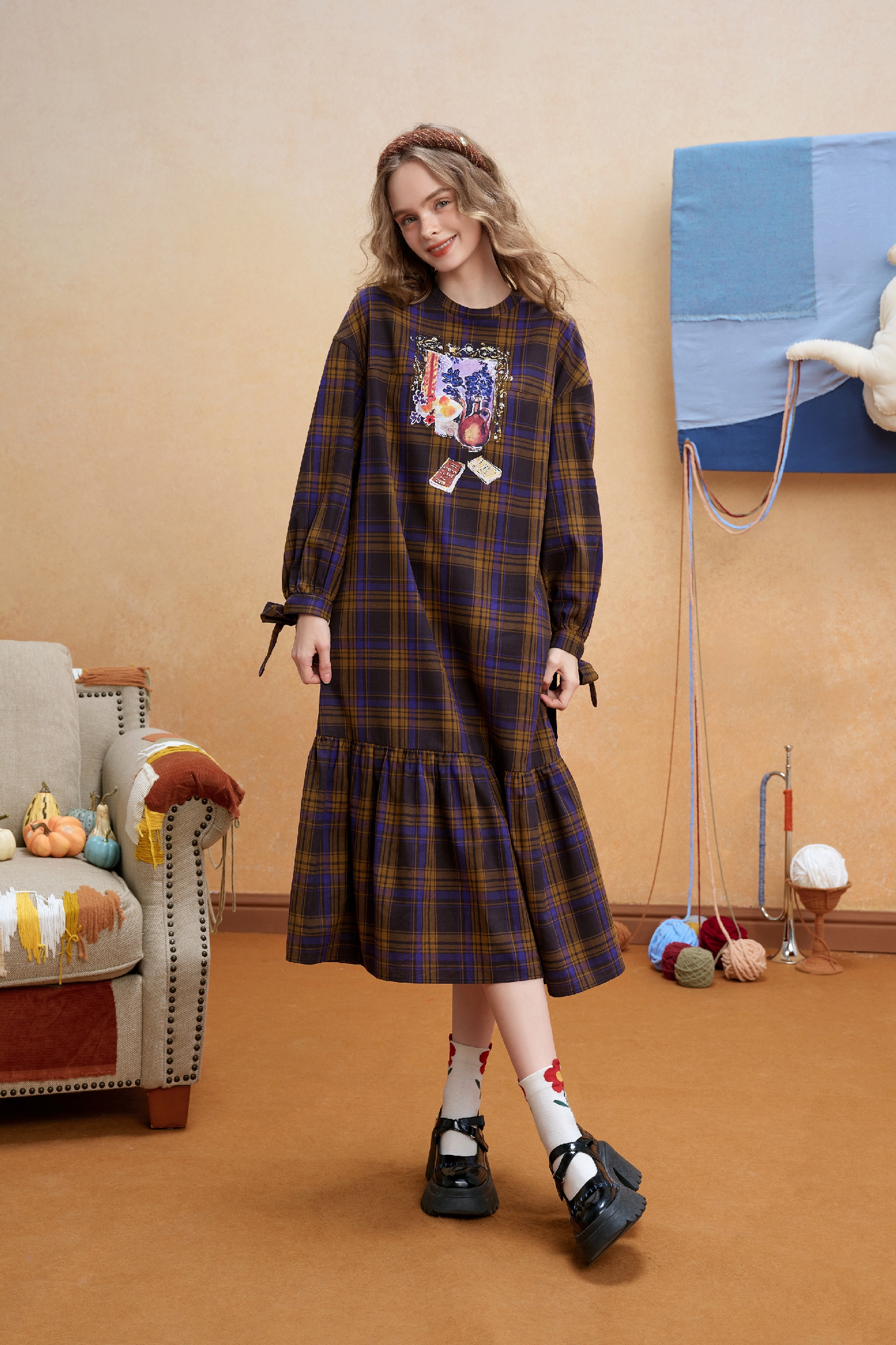 Plaid Relaxed Long-Sleeve Maxi Dress