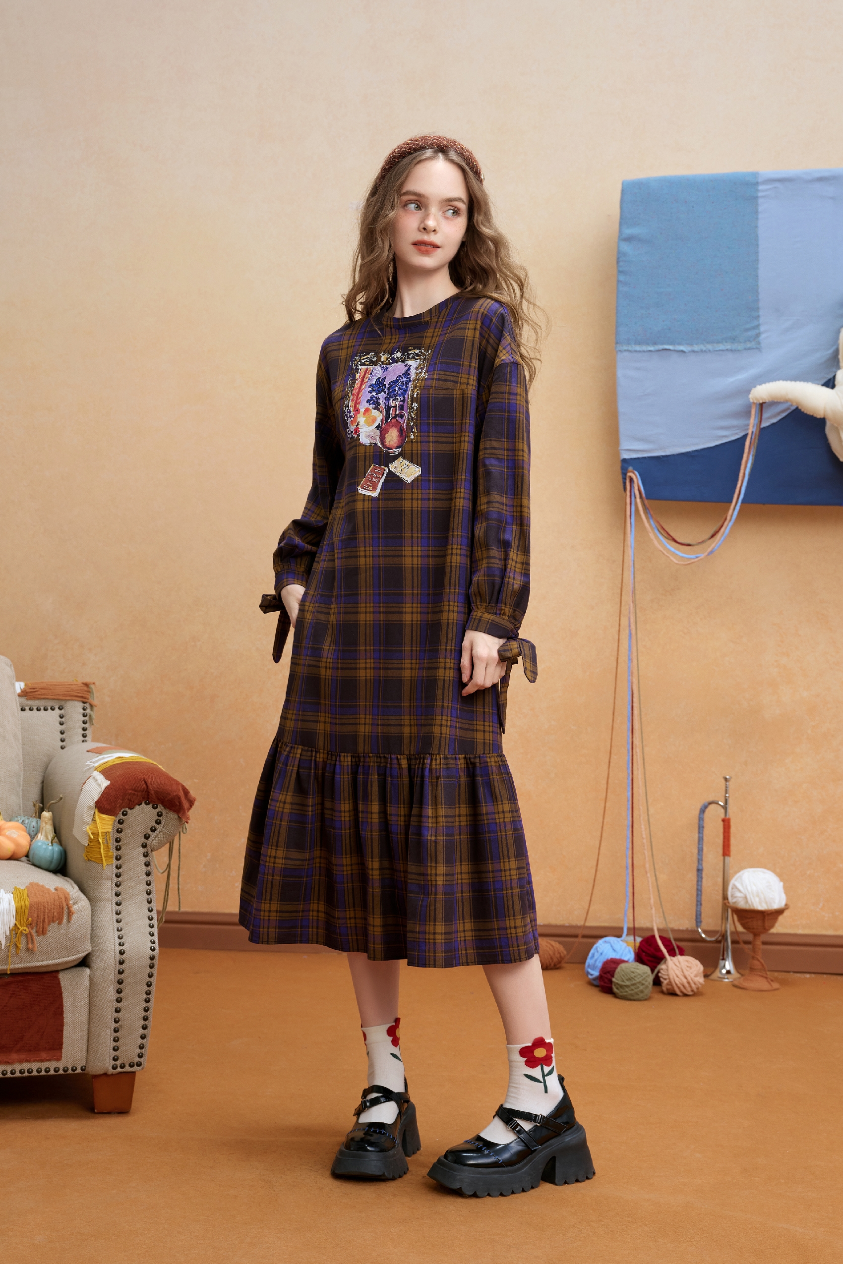 Plaid Relaxed Long-Sleeve Maxi Dress