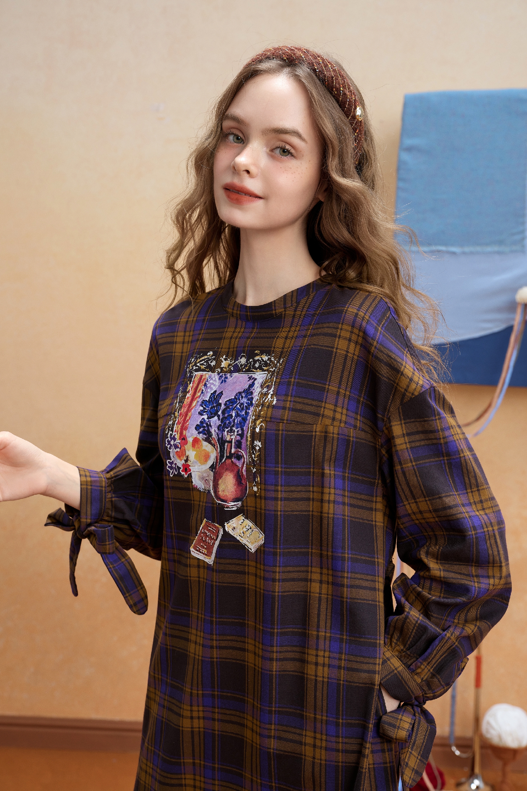 Plaid Relaxed Long-Sleeve Maxi Dress