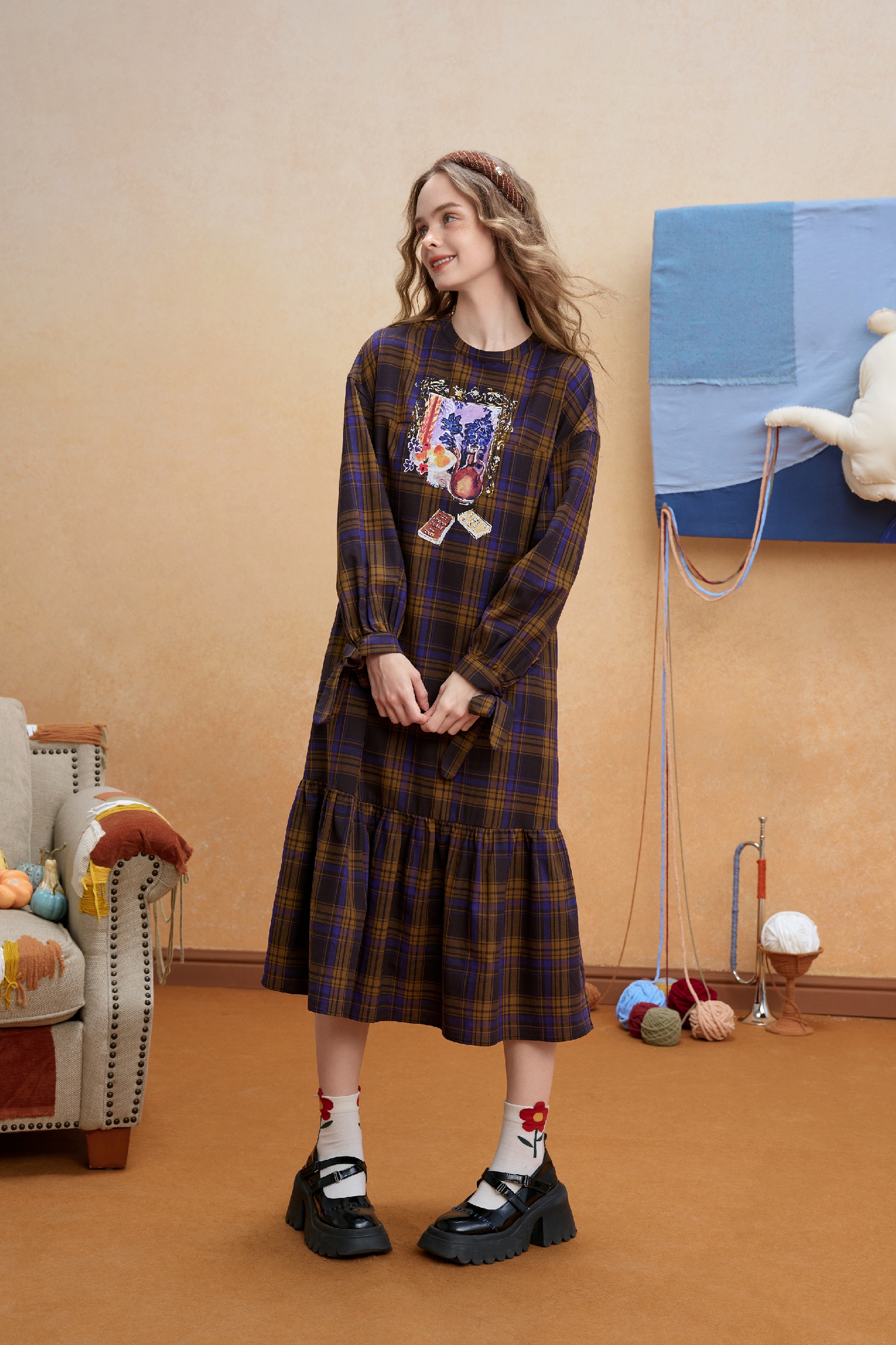 Plaid Relaxed Long-Sleeve Maxi Dress