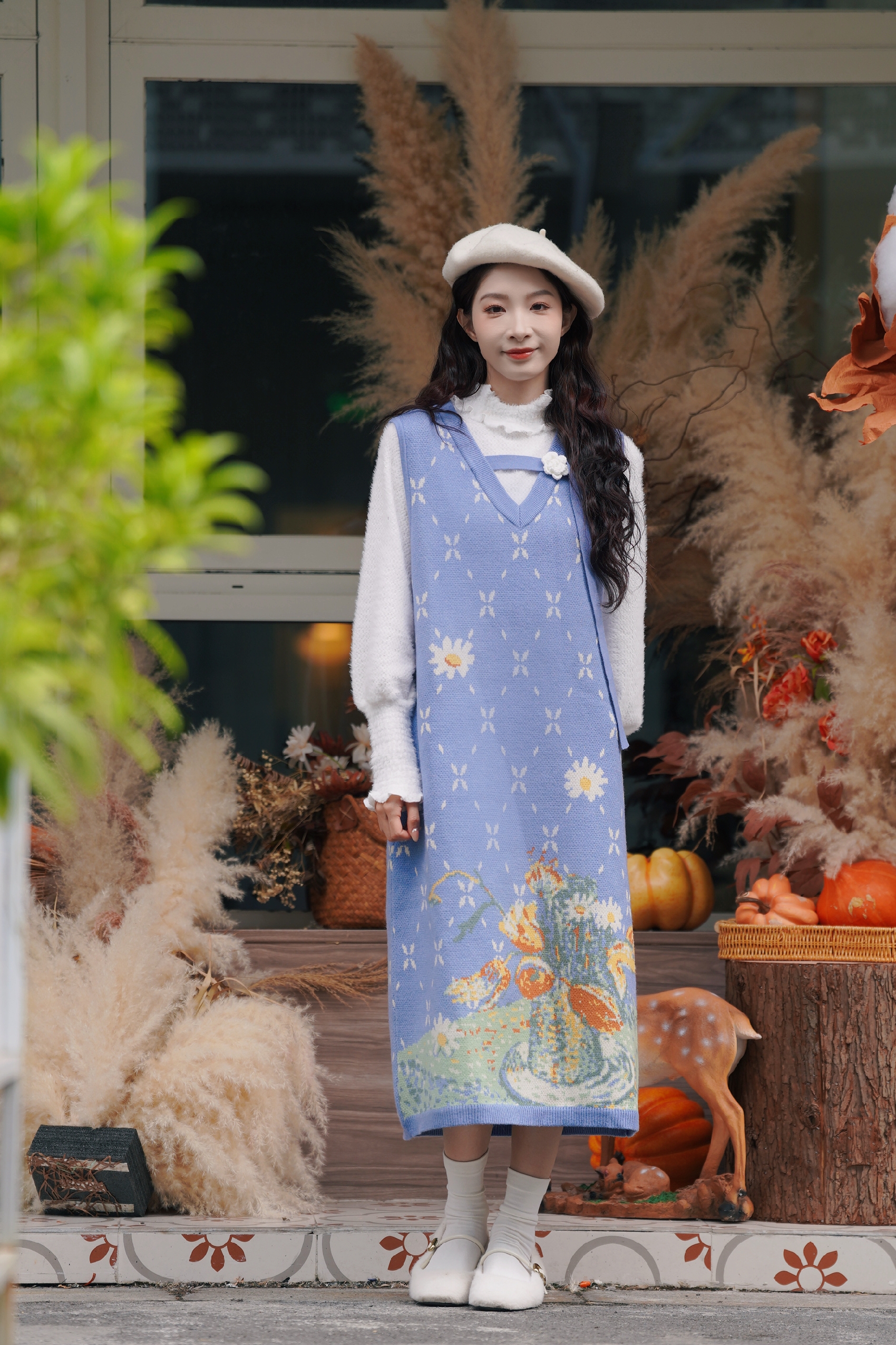 Van Gogh-Inspired V-Neck Knit Slip Dress