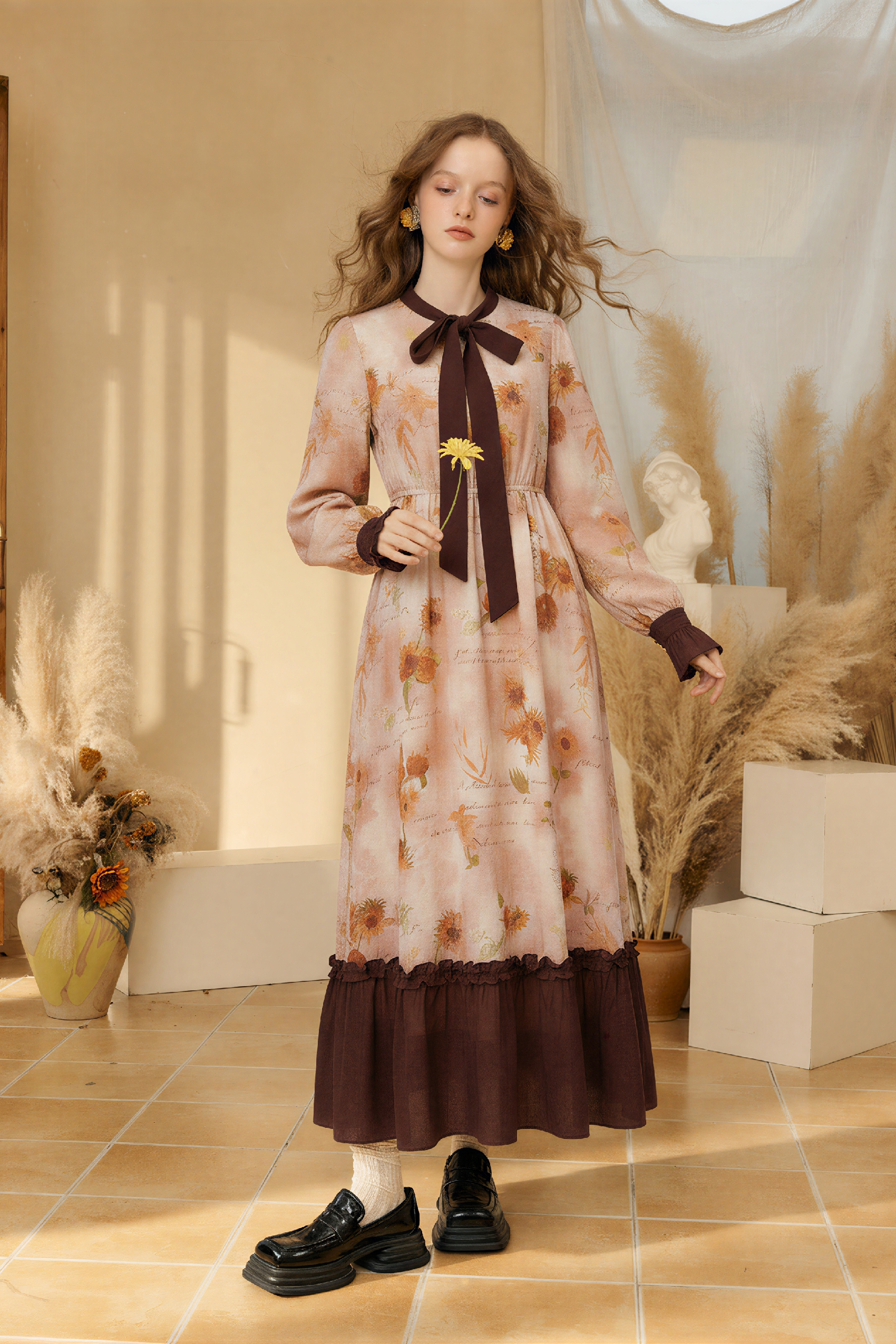 Van Gogh-Inspired Vintage Long-Sleeve Dress