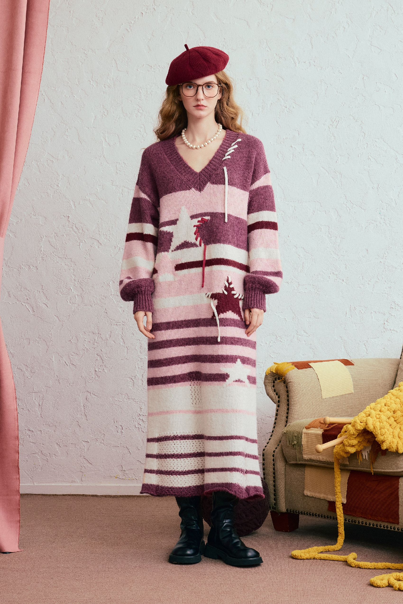 Long striped knit sweater dress