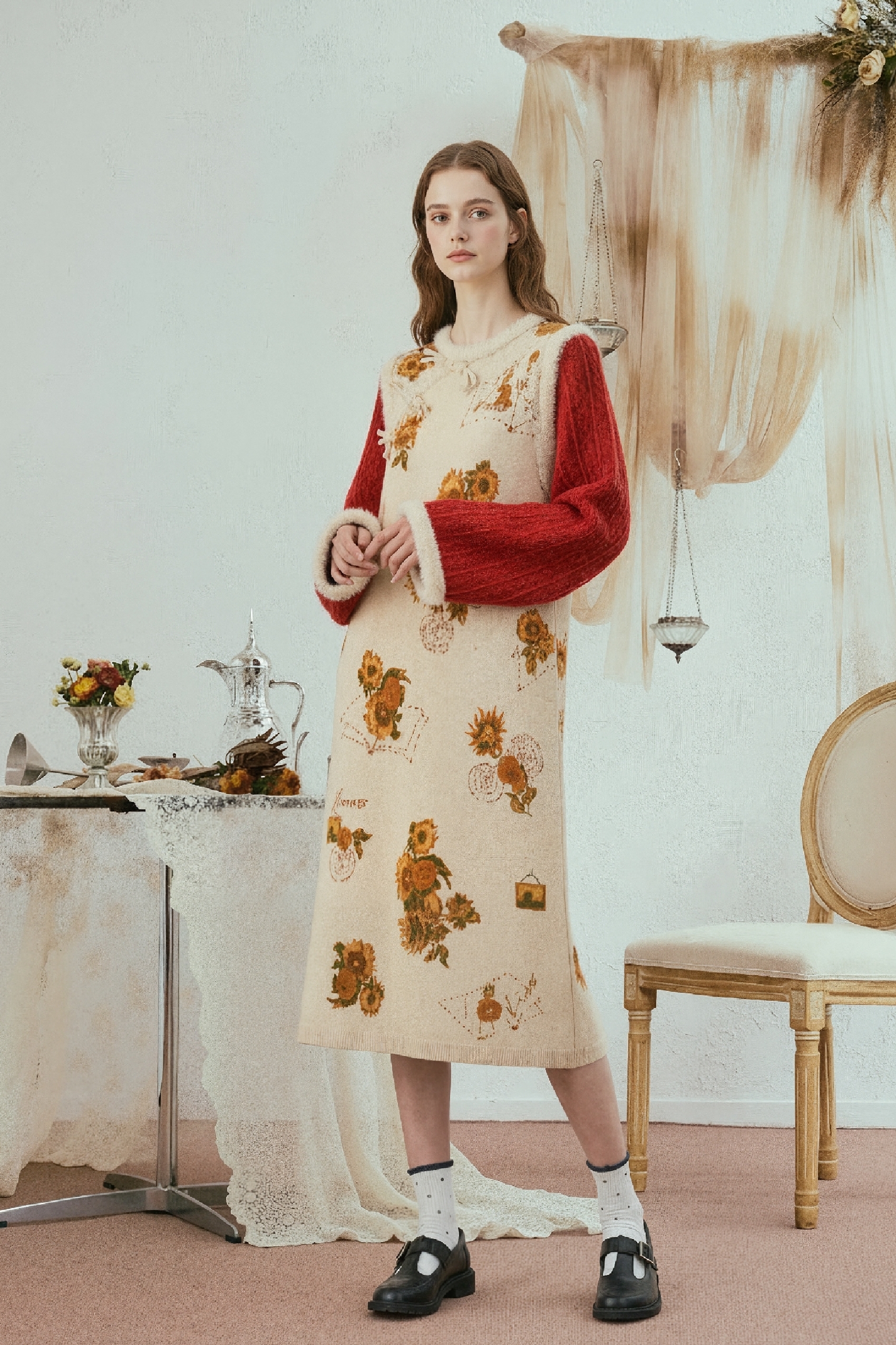 Van Gogh-Inspired Modern Chinese-Style Buttoned Knit Dress-LYONSENS