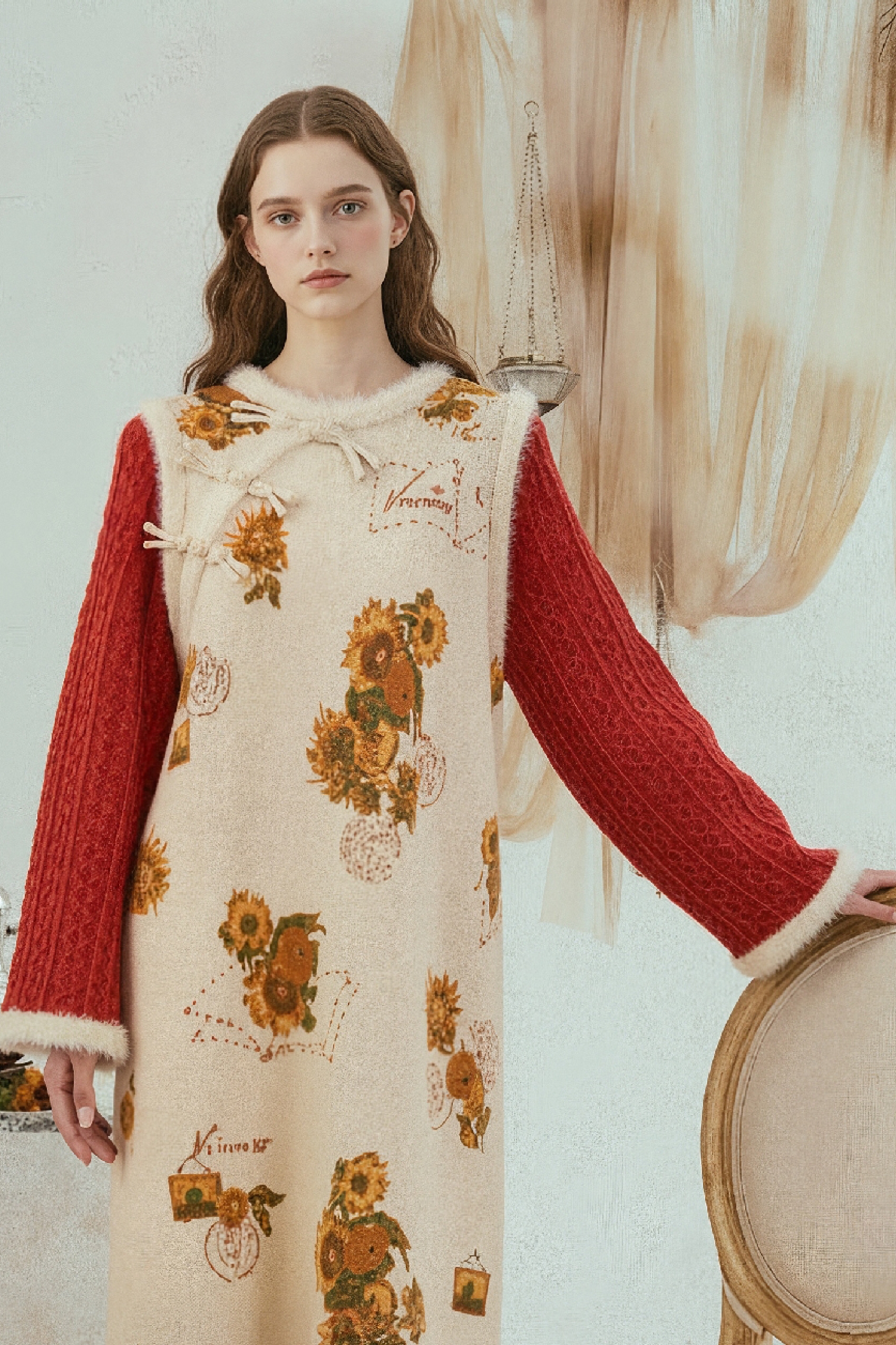 Van Gogh-Inspired Modern Chinese-Style Buttoned Knit Dress-LYONSENS