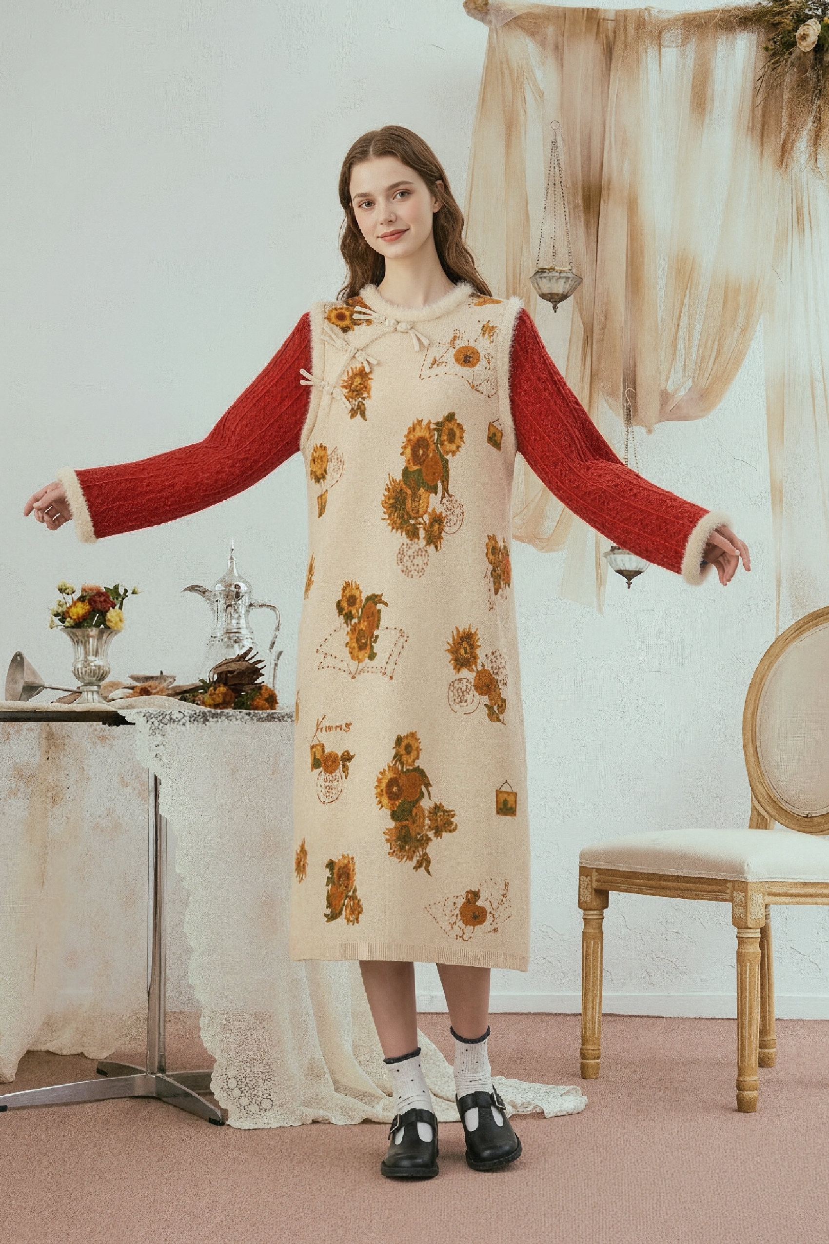 Van Gogh-Inspired Modern Chinese-Style Buttoned Knit Dress-LYONSENS