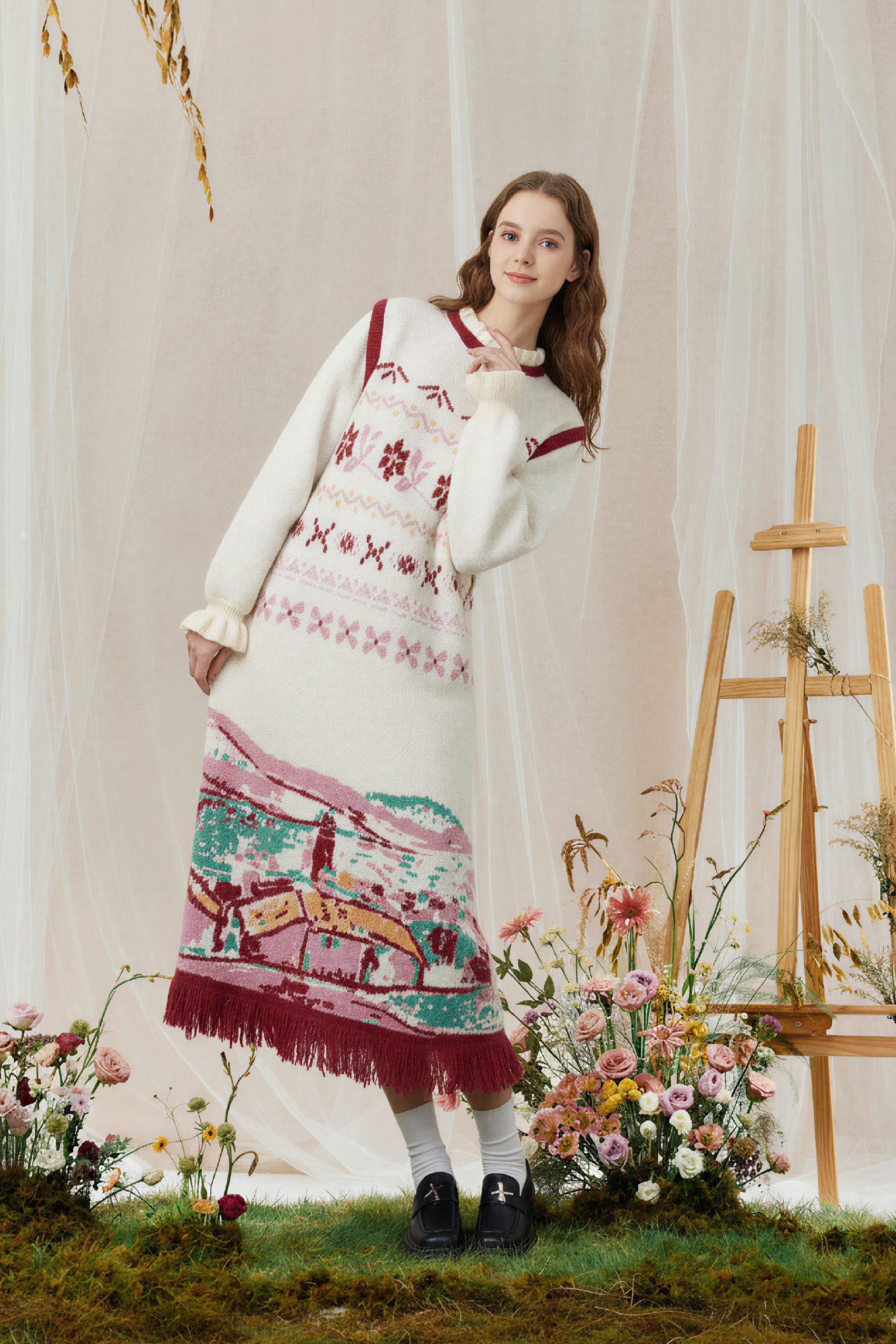 Matisse-Inspired Fair Isle Fringe Knit Dress-LYONSENS