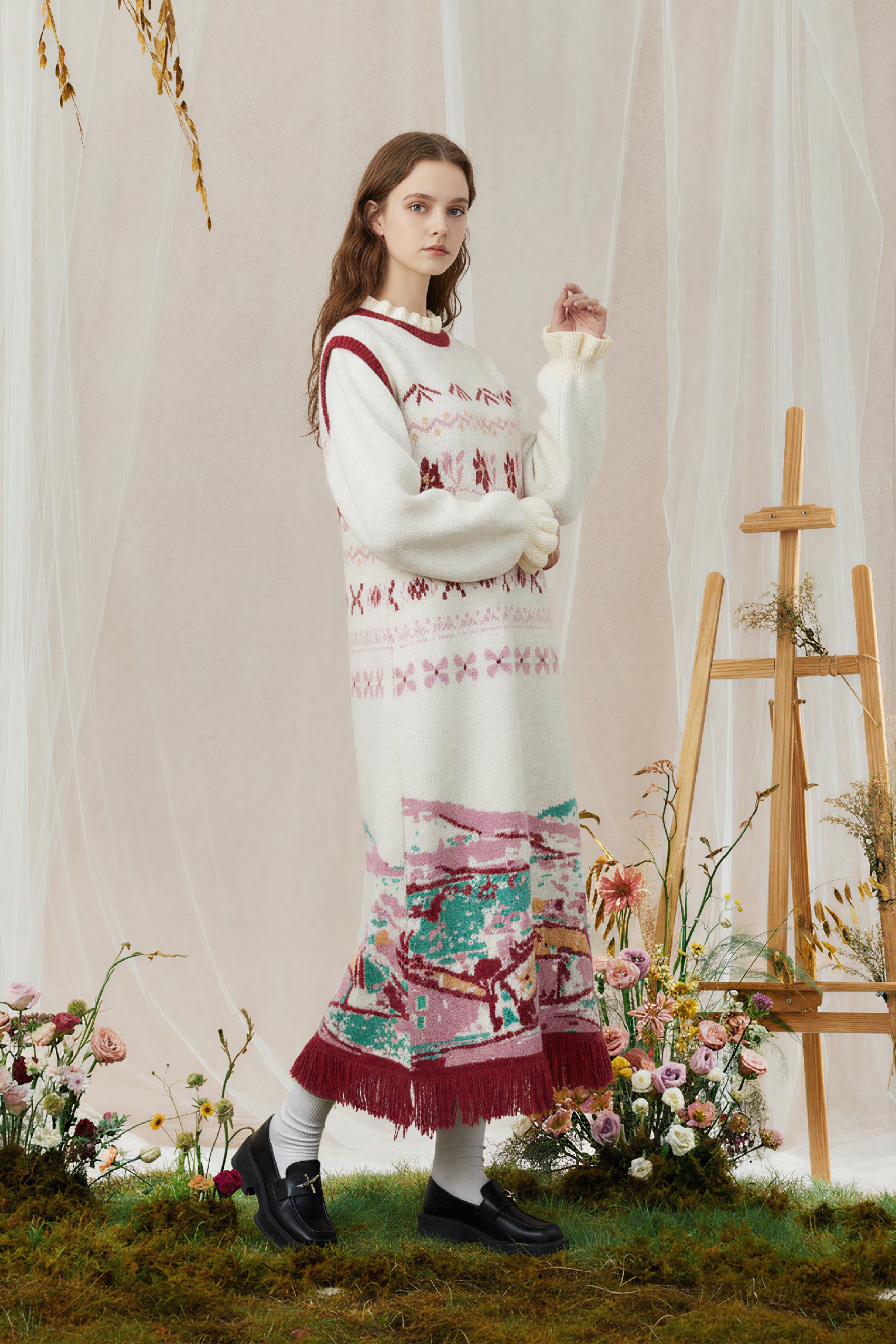 Matisse-Inspired Fair Isle Fringe Knit Dress-LYONSENS