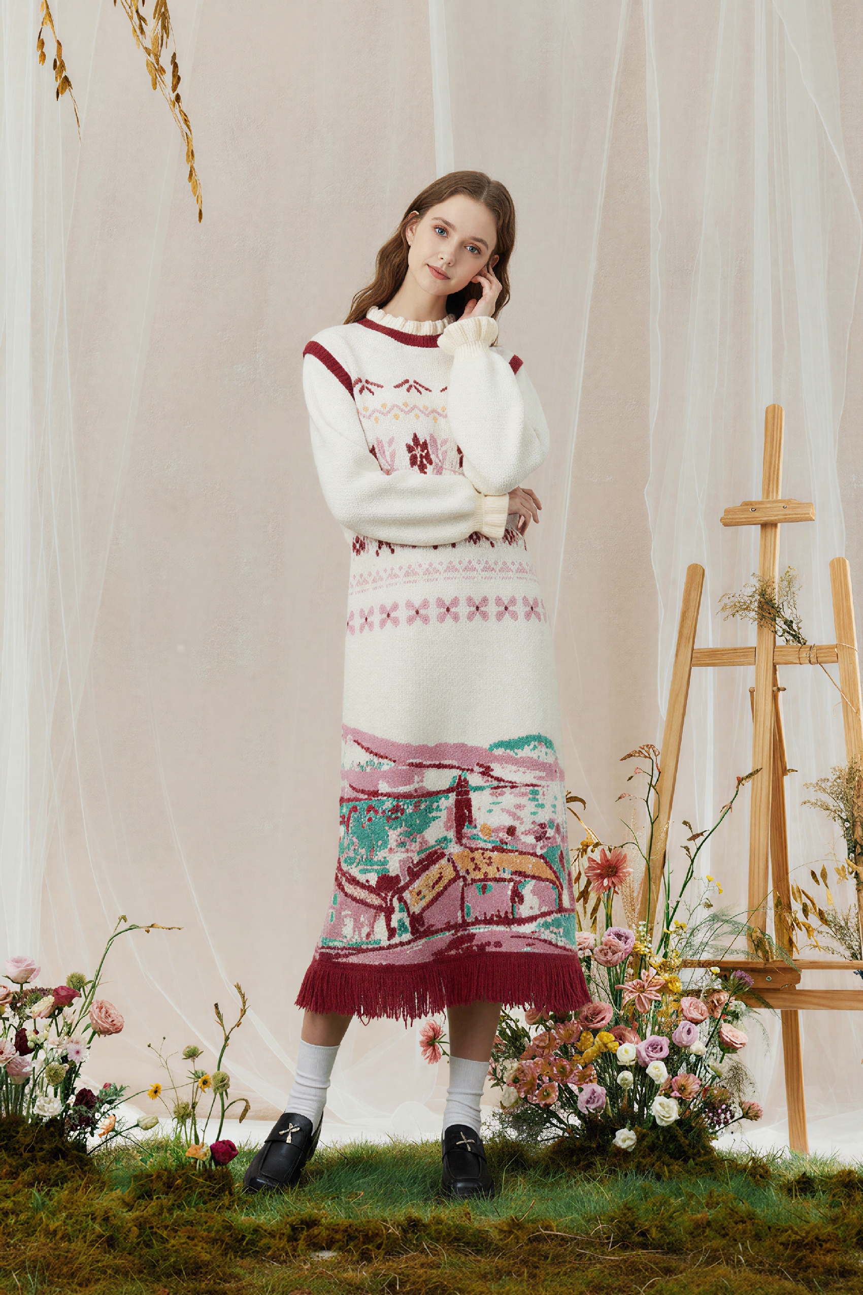 Matisse-Inspired Fair Isle Fringe Knit Dress-LYONSENS