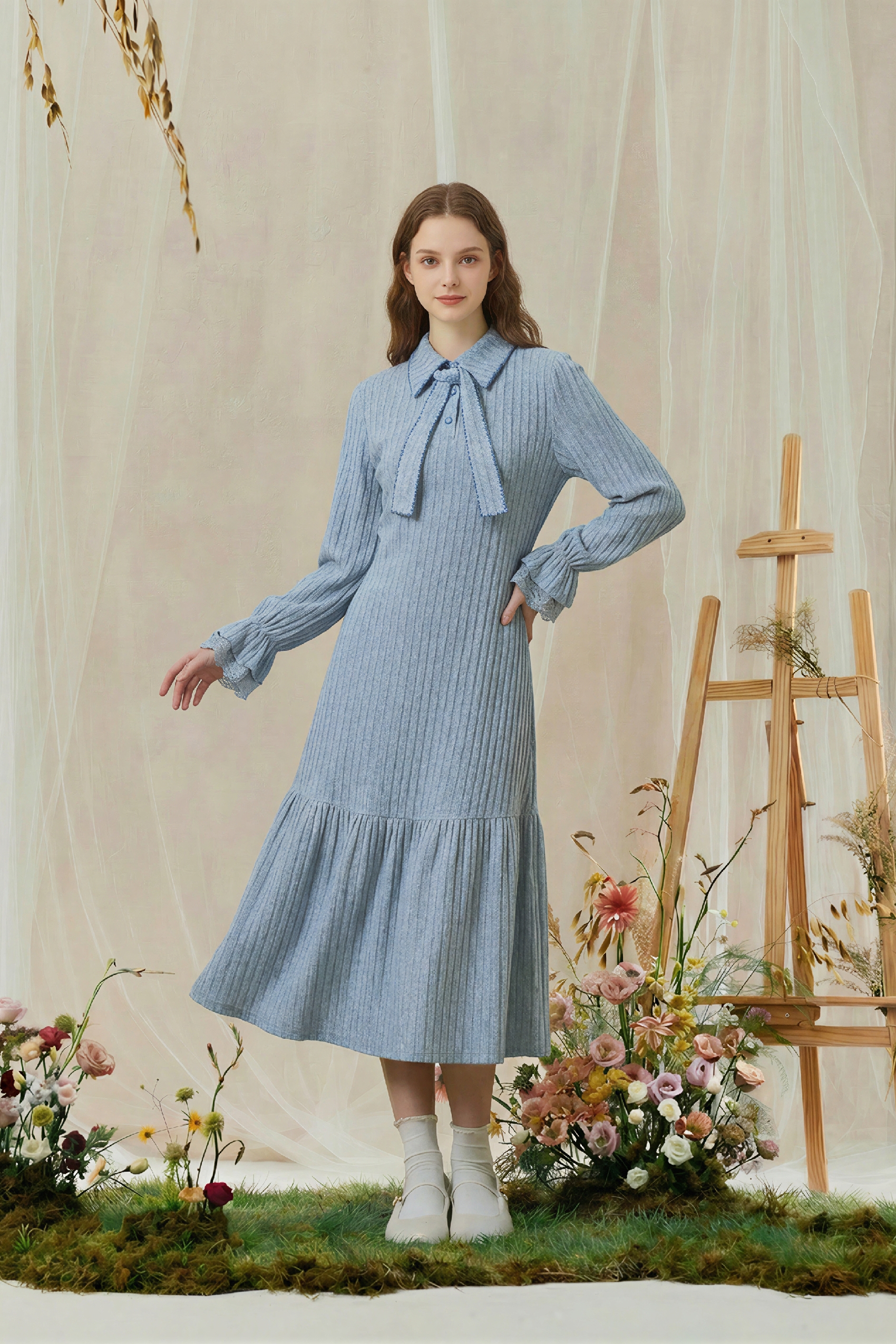Blue Long-Sleeve Holiday Dress