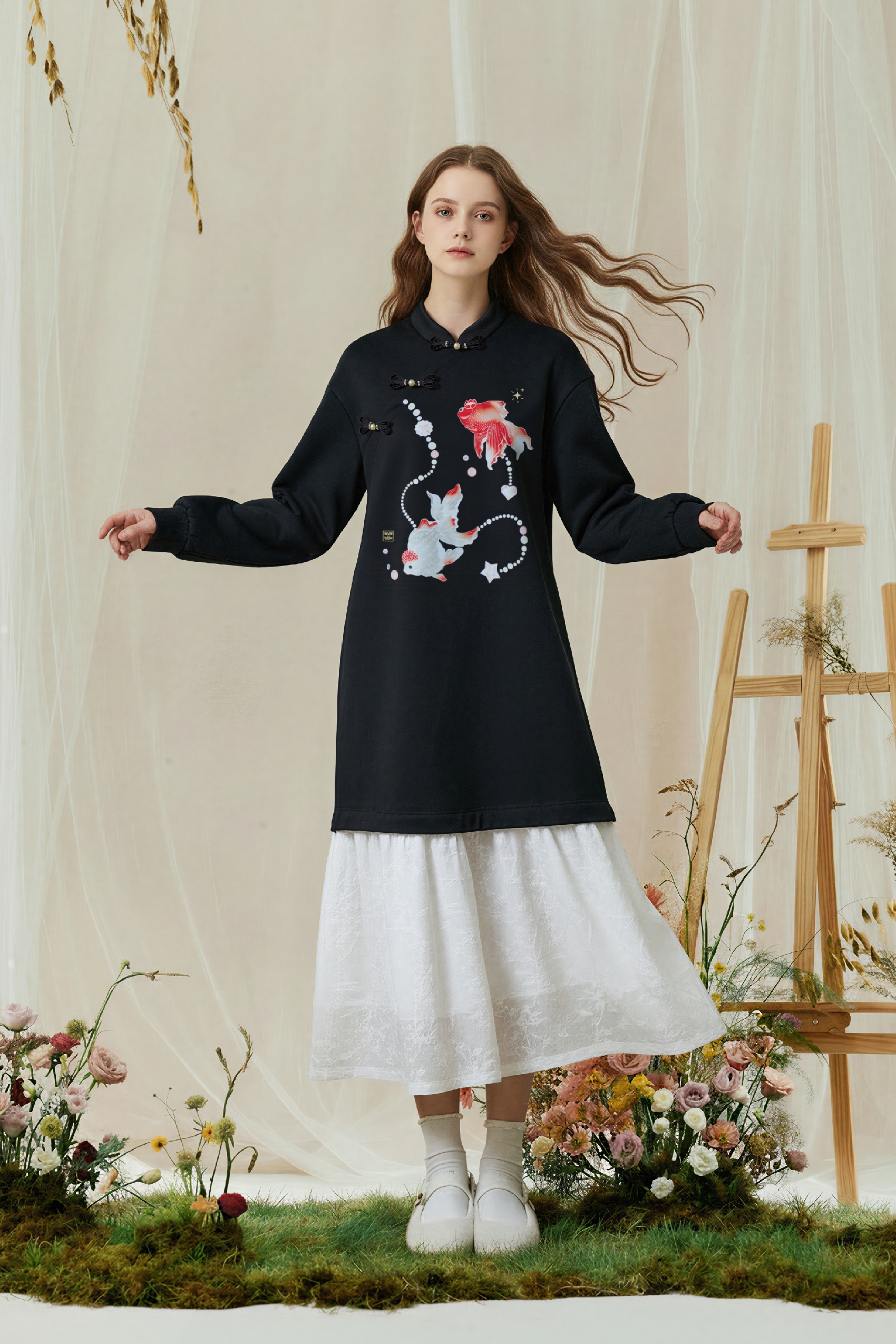 Modern Chinese Goldfish Print Black Dress