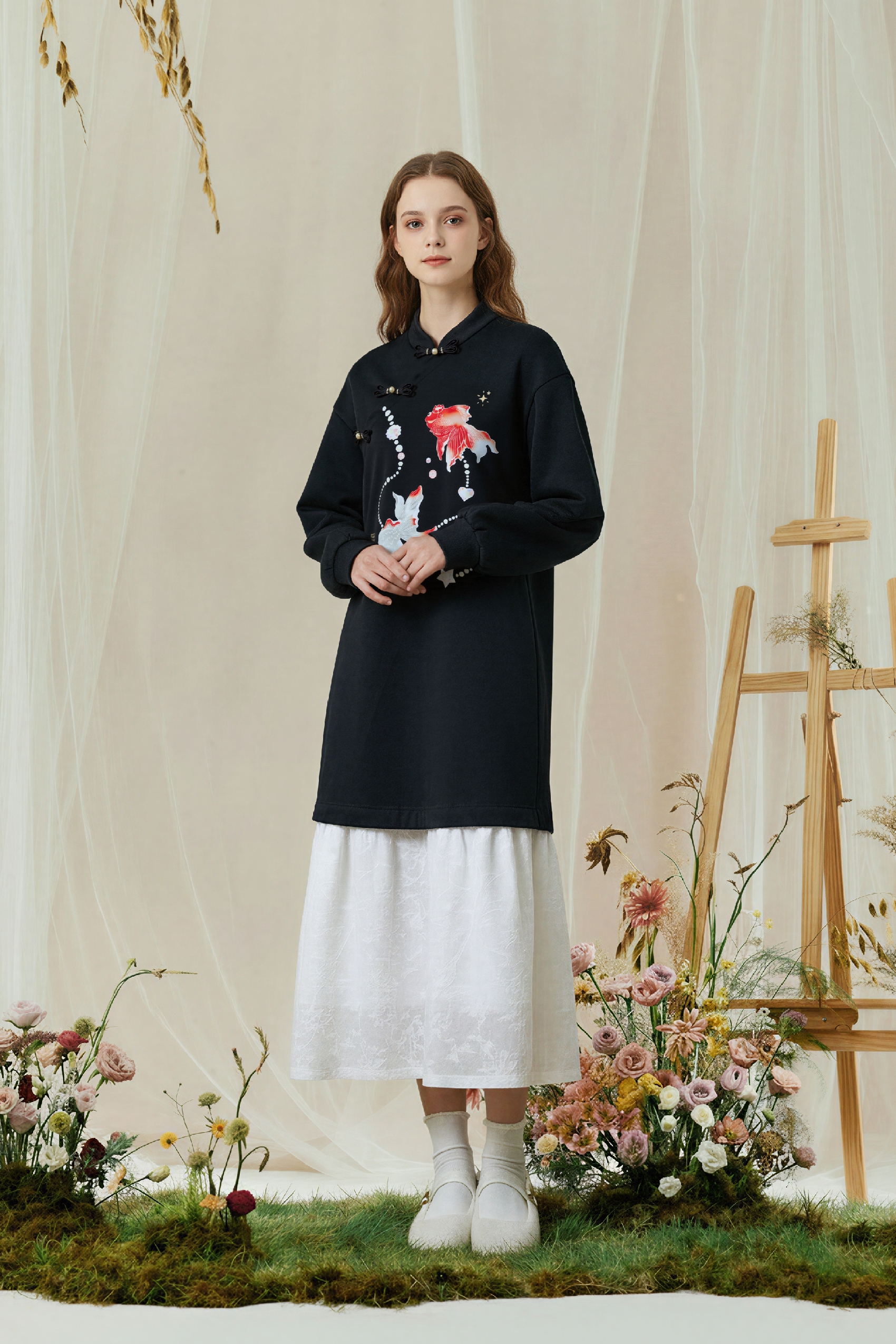 Modern Chinese Goldfish Print Black Dress