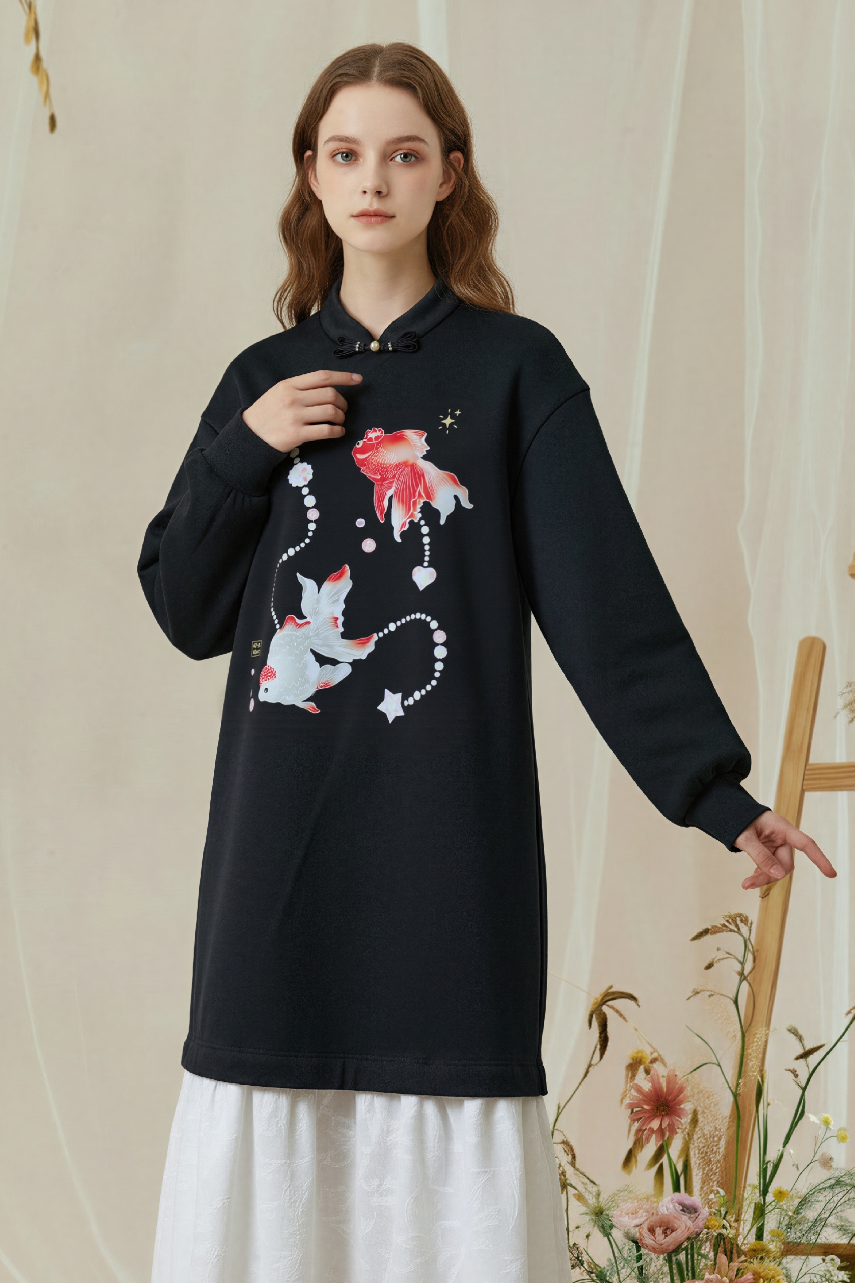 Modern Chinese Goldfish Print Black Dress