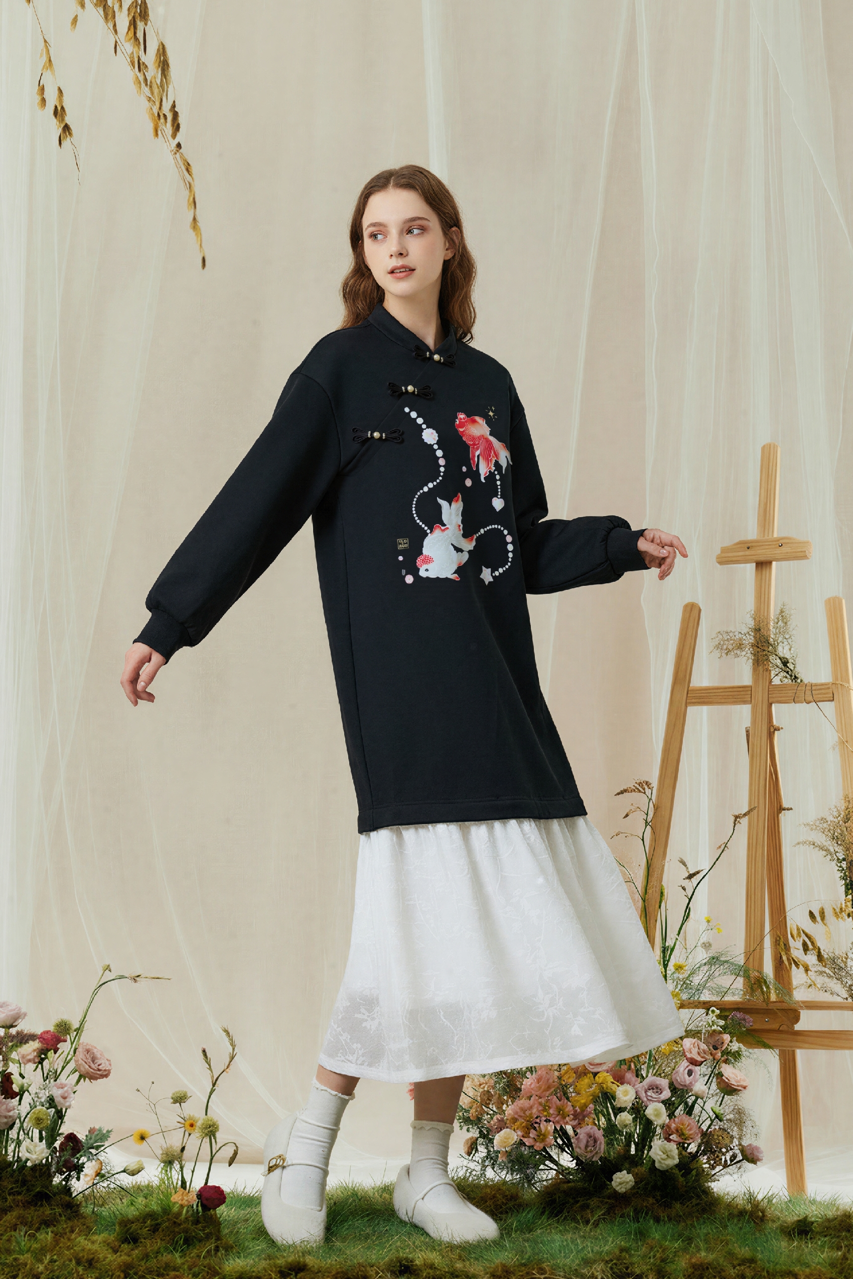Modern Chinese Goldfish Print Black Dress
