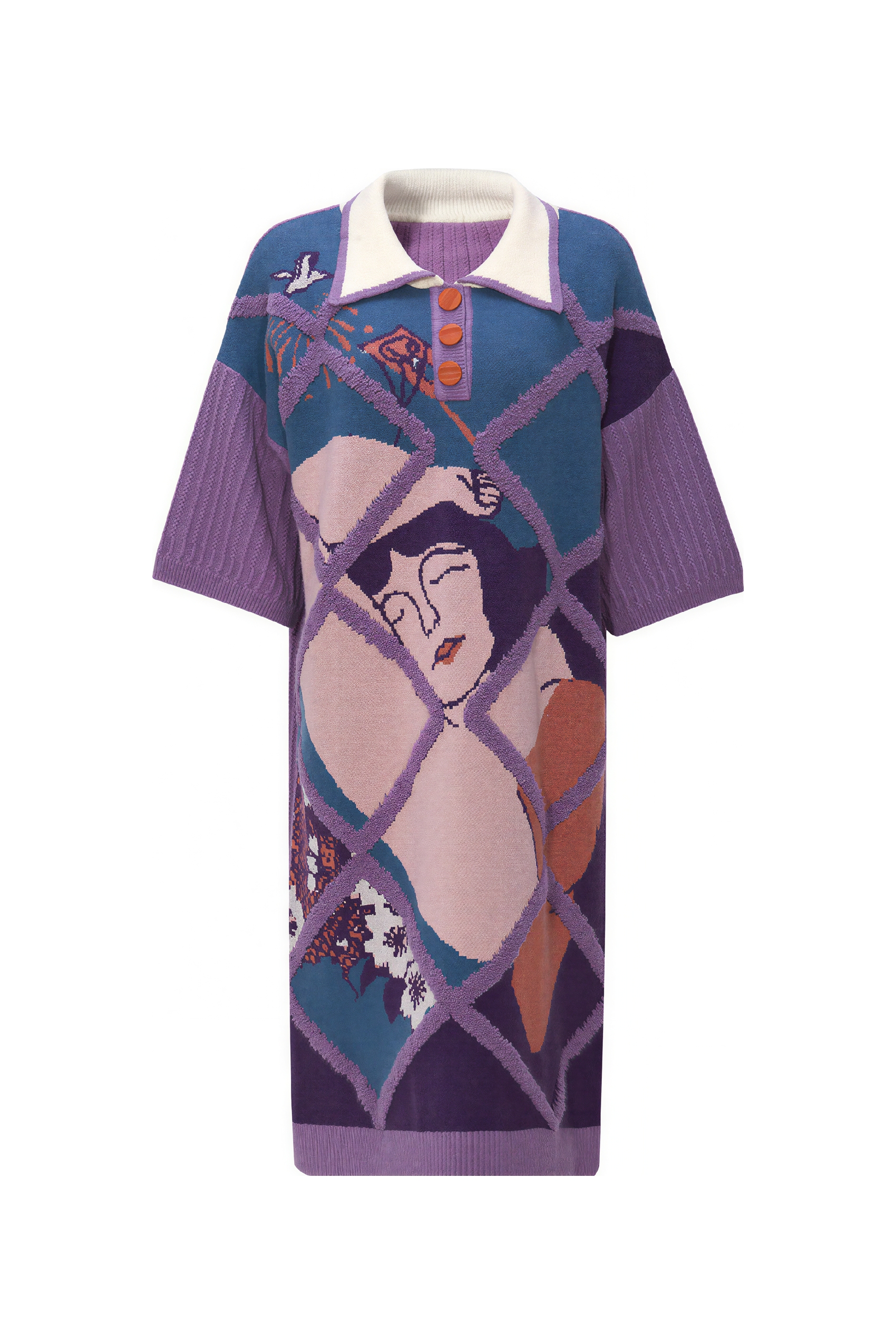 Figure Jacquard Embroidered Plaid Knit Dress