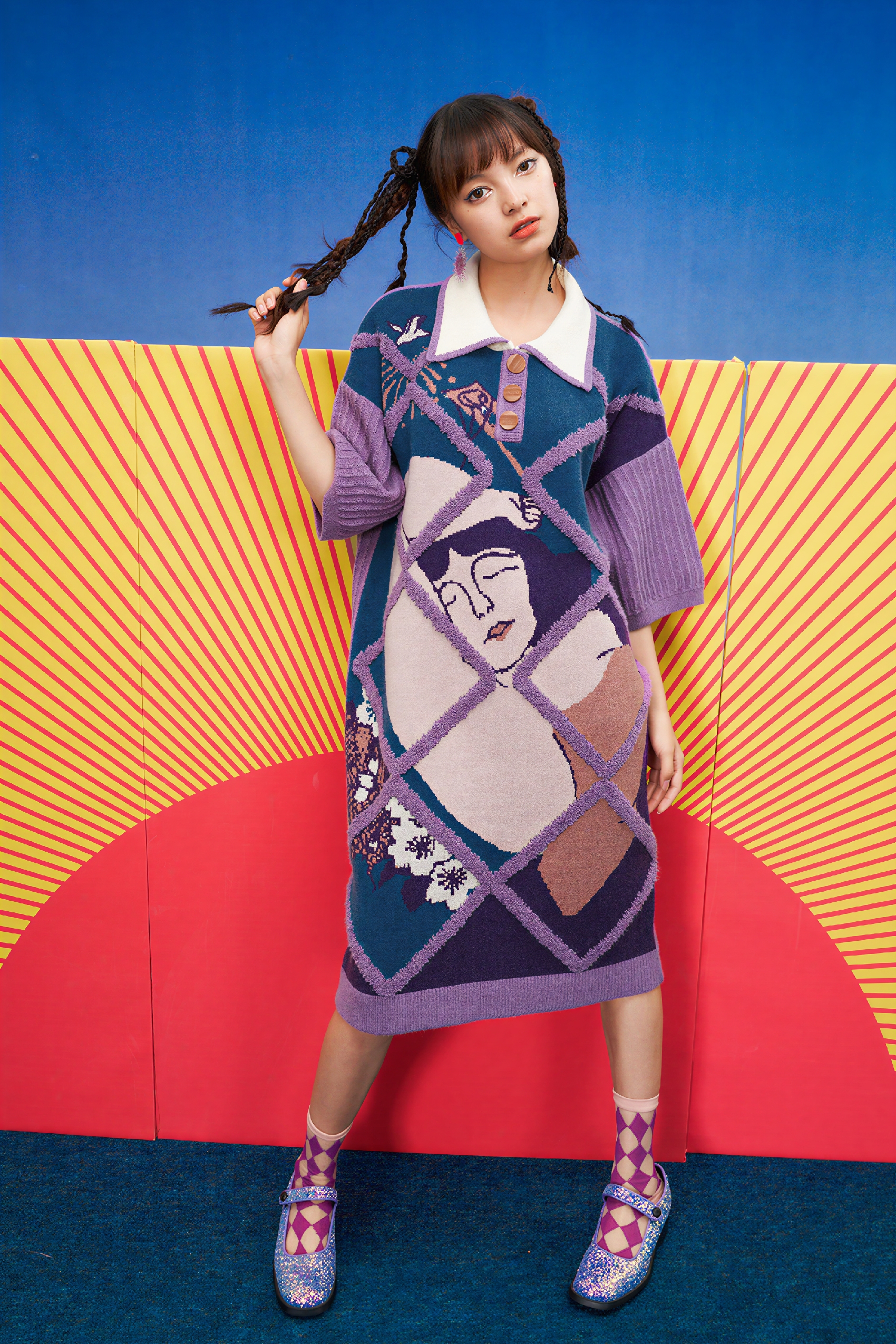 Figure Jacquard Embroidered Plaid Knit Dress