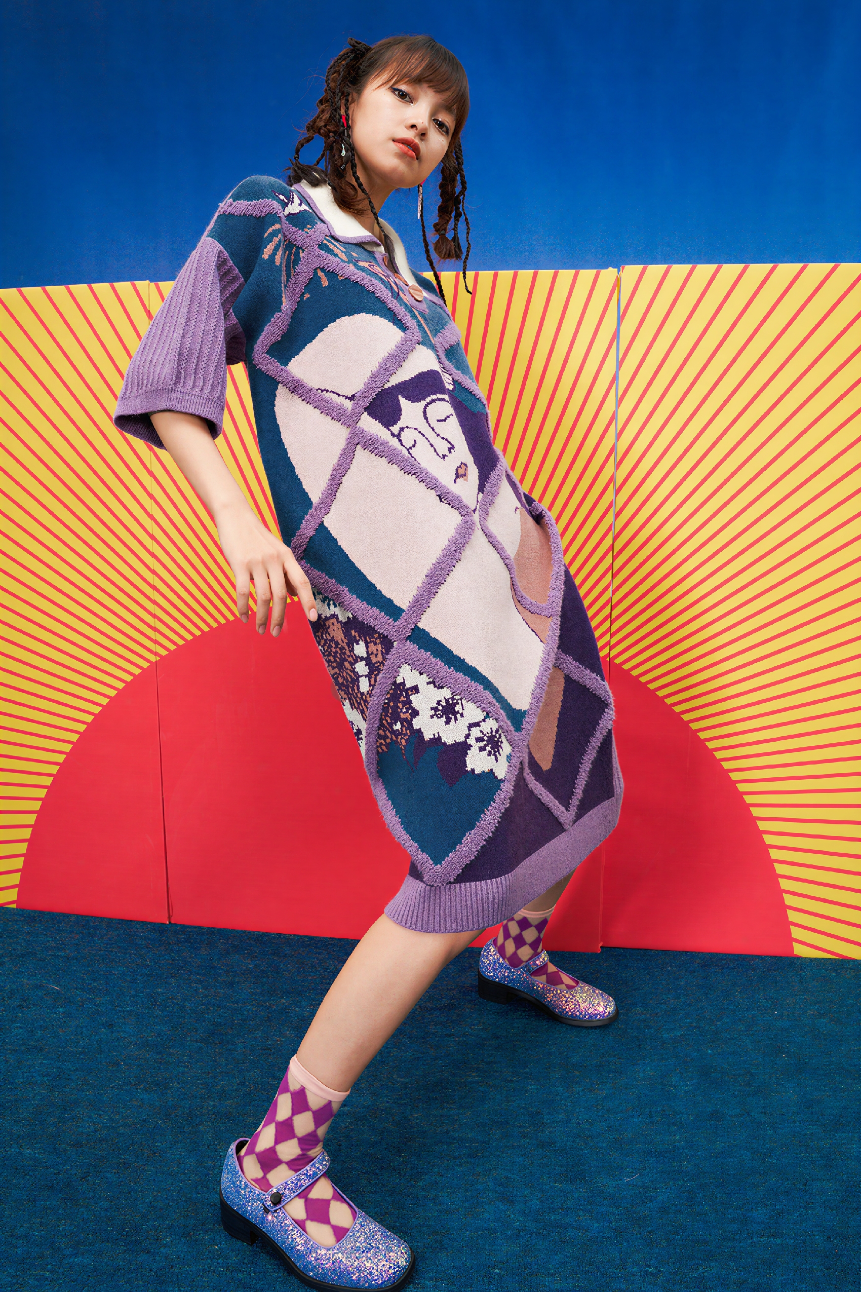 Figure Jacquard Embroidered Plaid Knit Dress