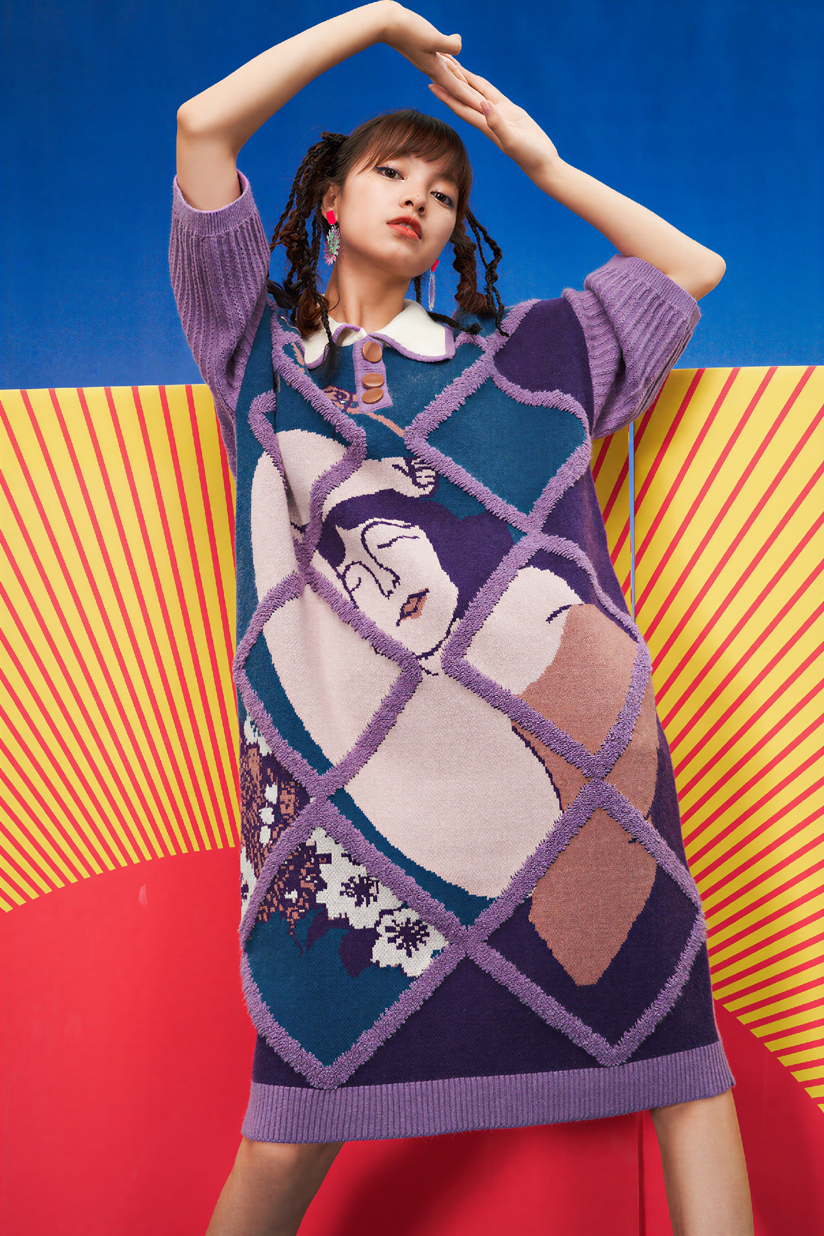 Figure Jacquard Embroidered Plaid Knit Dress