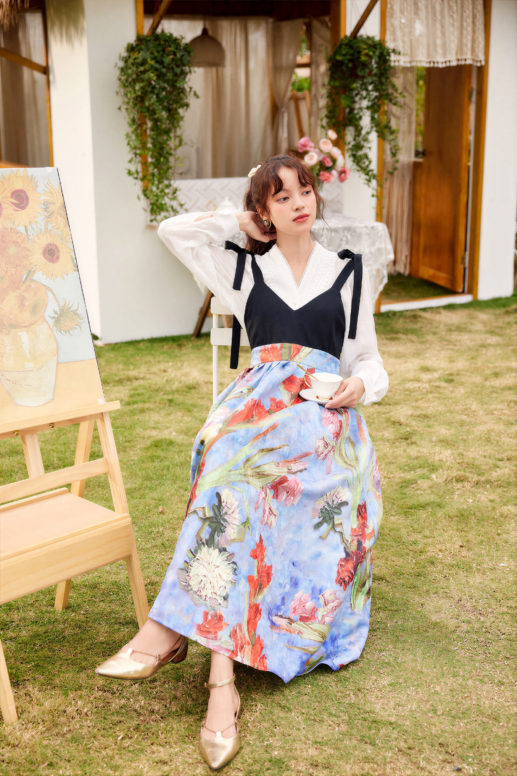 Van Gogh-Inspired V-Neck Waist-Defined Slip Dress-LYONSENS