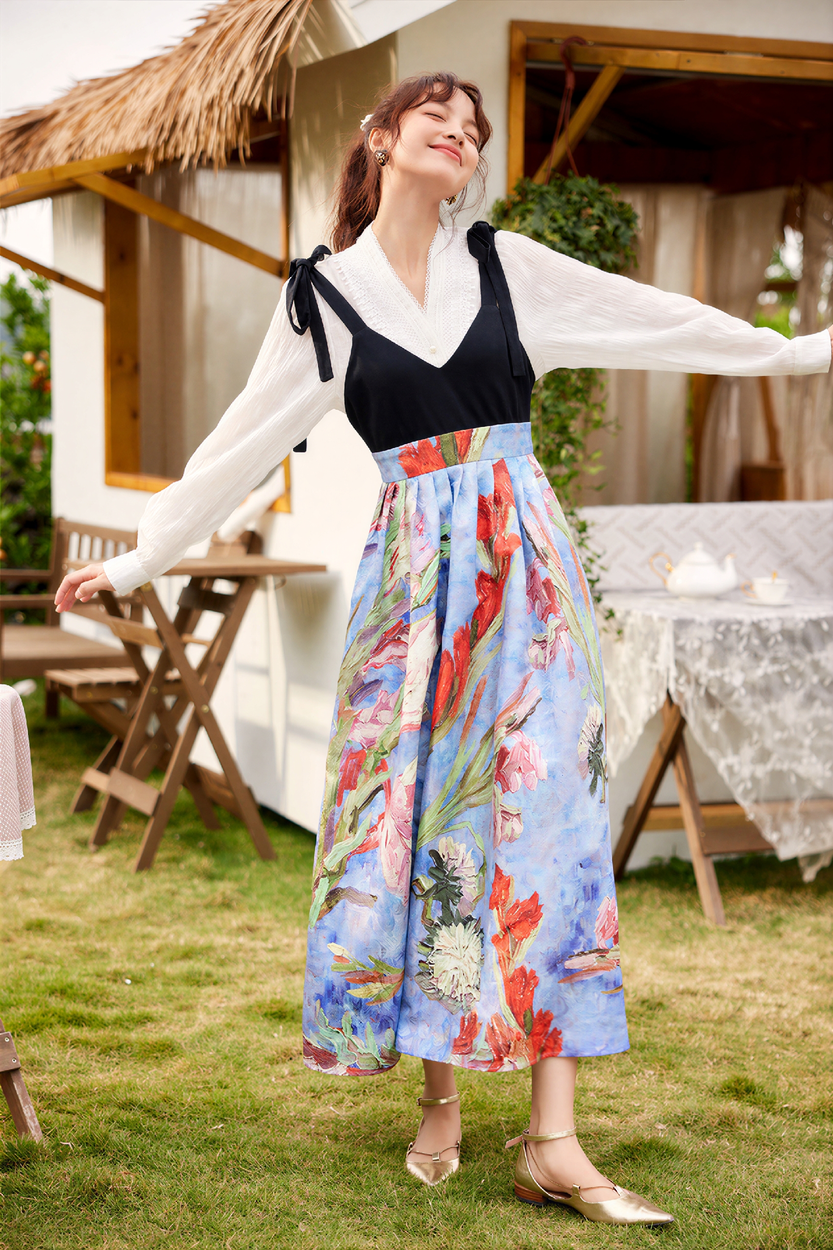 Van Gogh-Inspired V-Neck Waist-Defined Slip Dress-LYONSENS